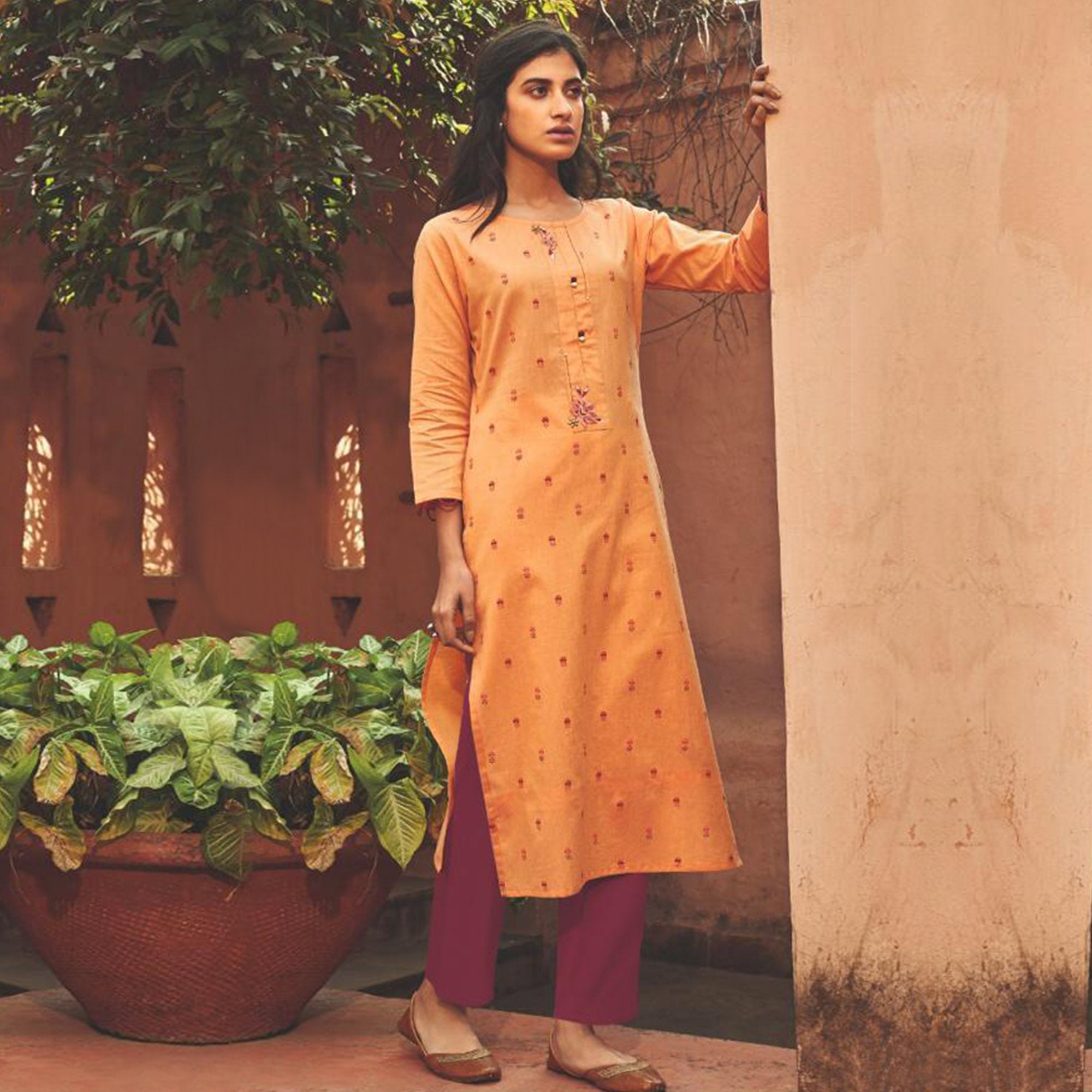 Orange Embroidered Pure Cotton Kurti Pant Set