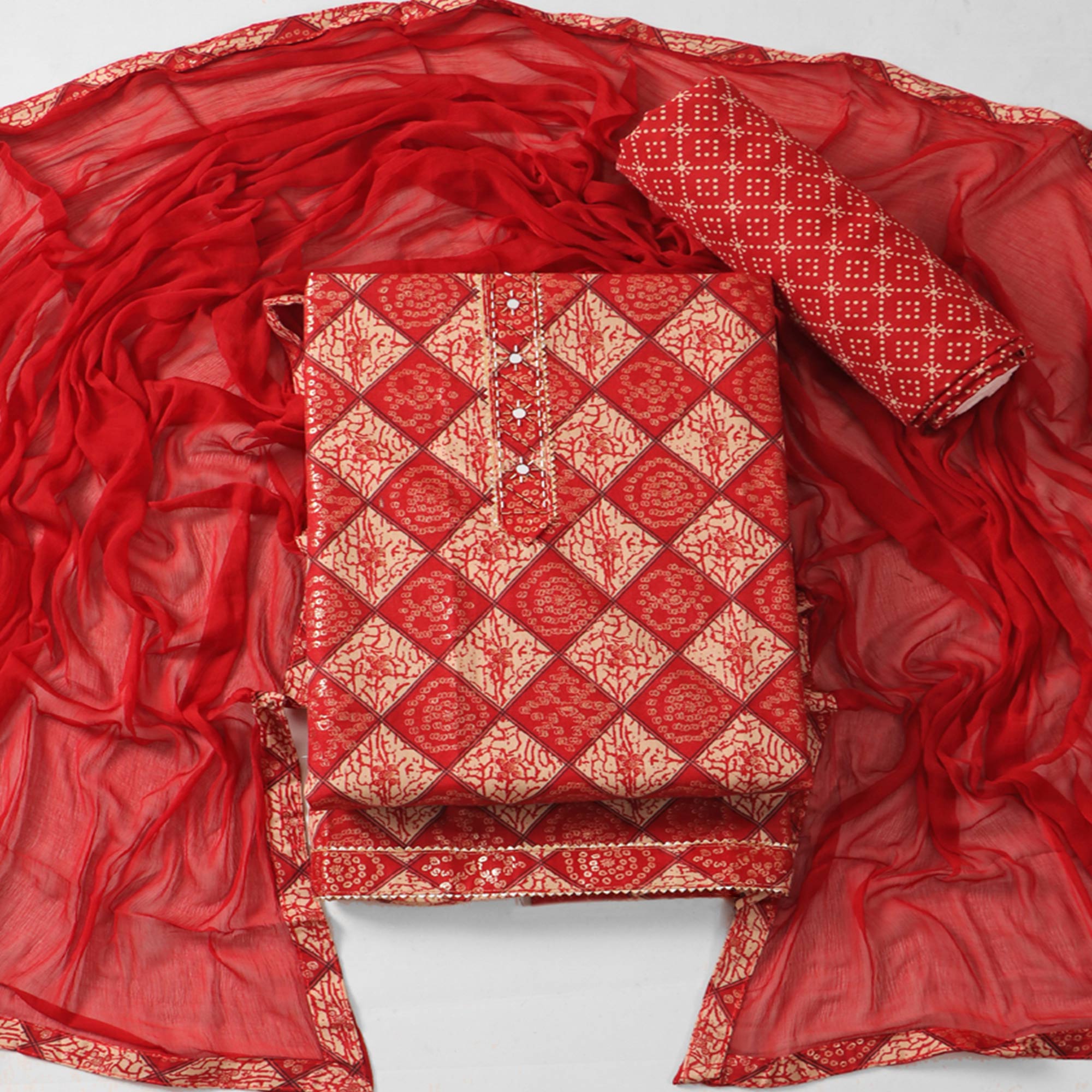 Red Foil Printed With Handwork Pure Cotton Dress Material