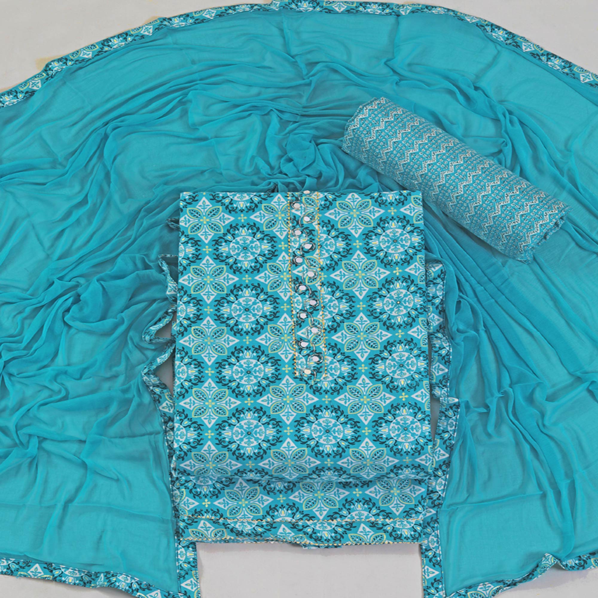 Blue Floral Foil Printed With Handwork Pure Cotton Dress Material