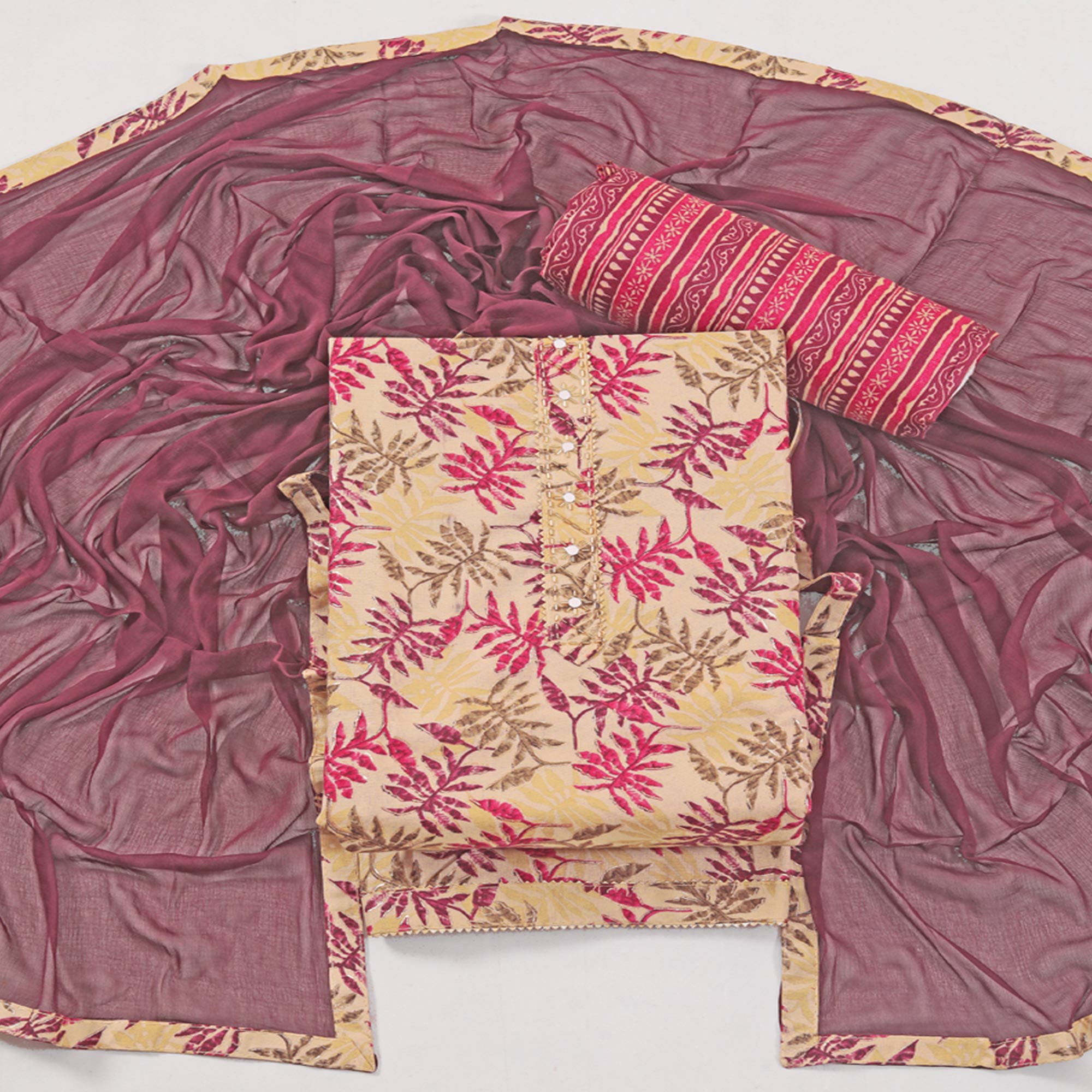 Chikoo & Wine Foil Printed With Handwork Pure Pure Cotton Dress Material