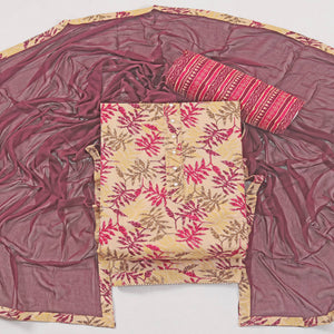 Chikoo & Wine Foil Printed With Handwork Pure Pure Cotton Dress Material