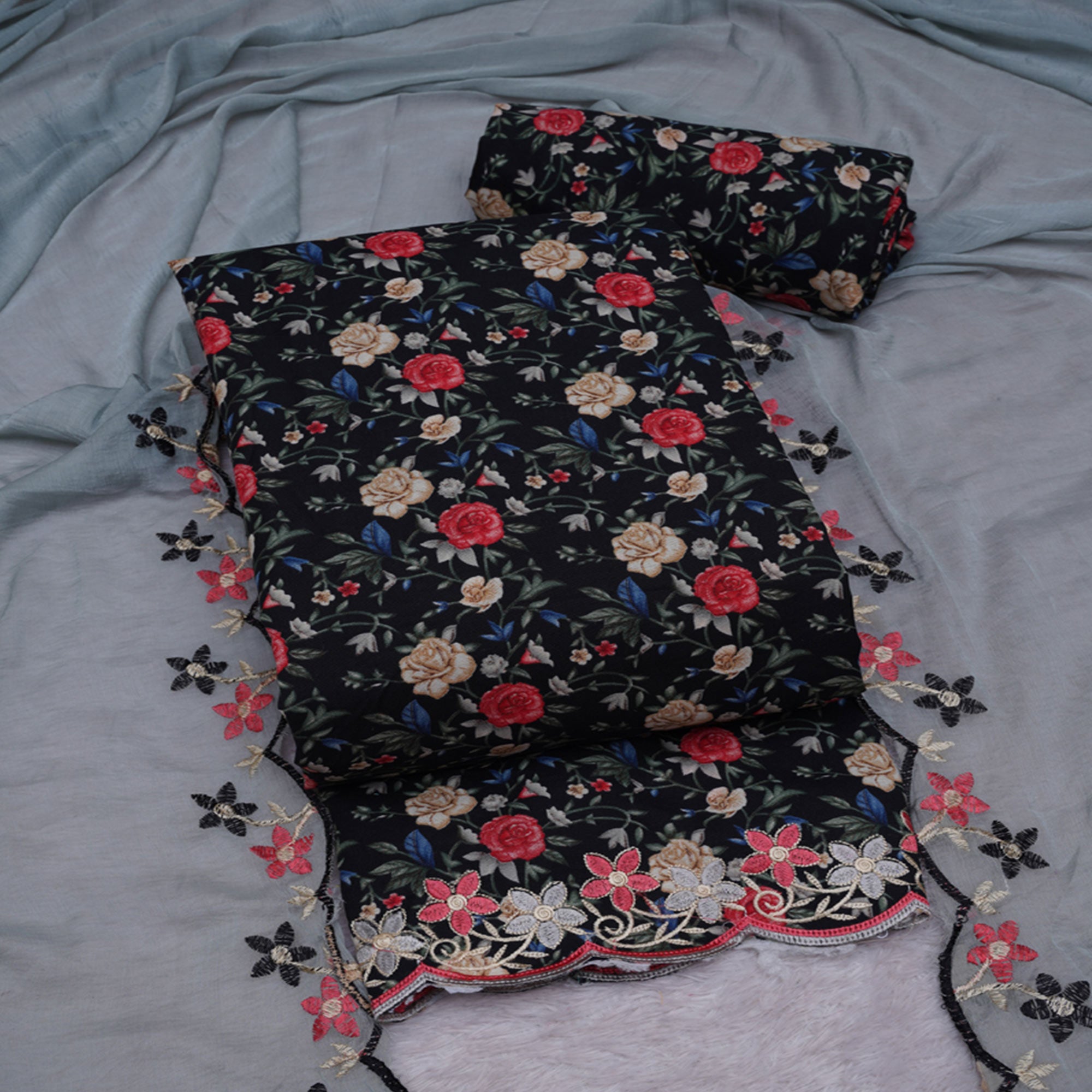 Black Floral Printed With Embroidery Cotton Silk Dress Material