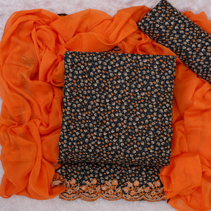 Black Floral Printed With Embroidery Cotton Silk Dress Material