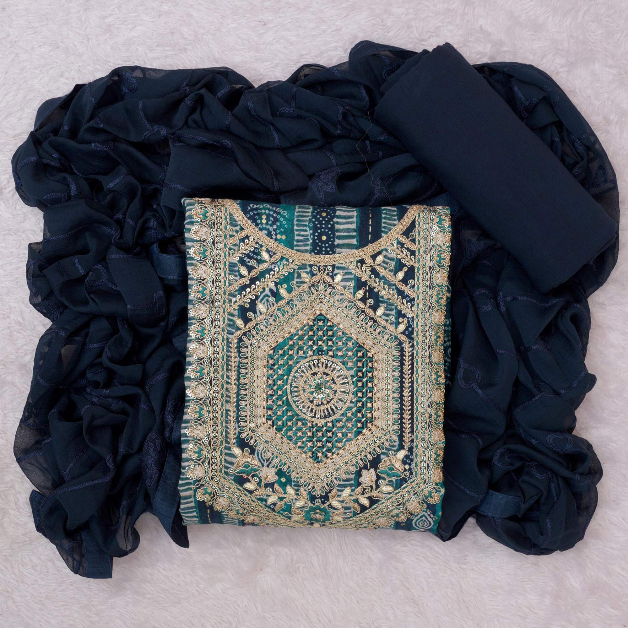 Teal Blue Bandhani Printed Rayon Dress Material