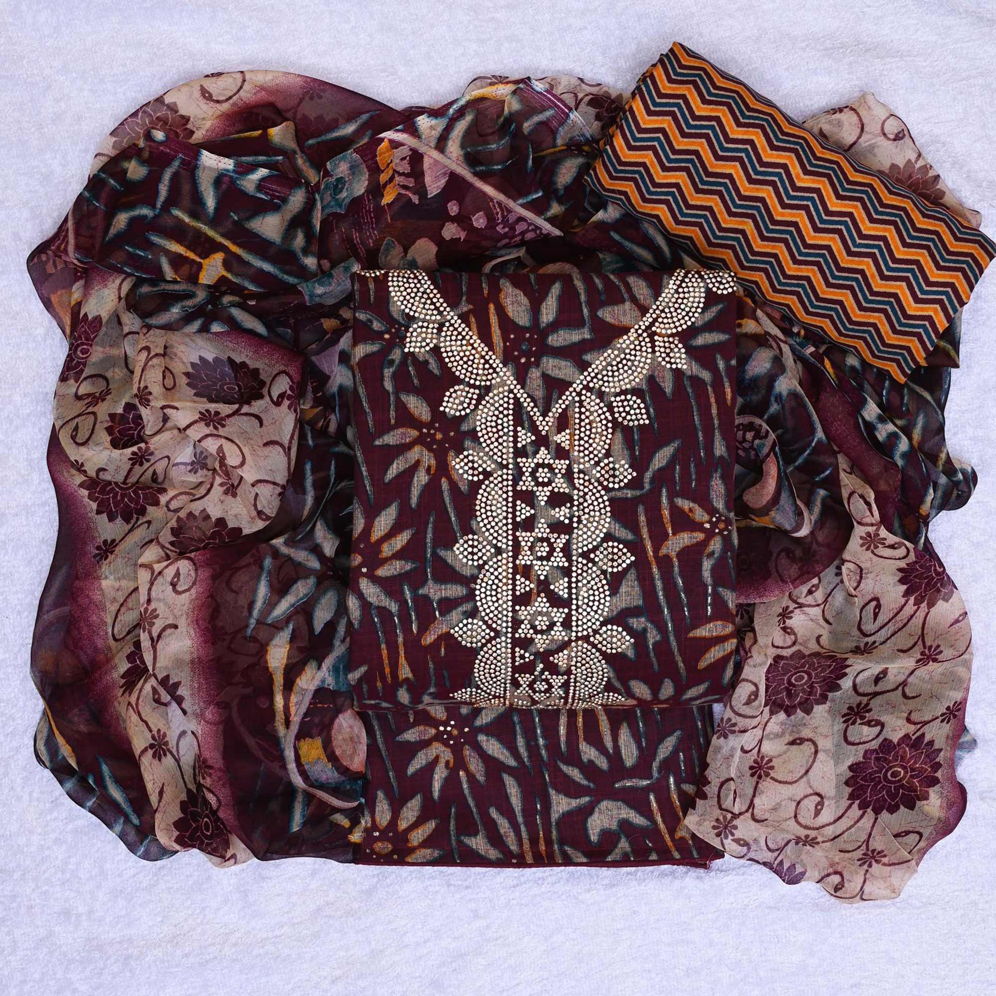 Maroon Floral Printed Pure Cotton Dress Material