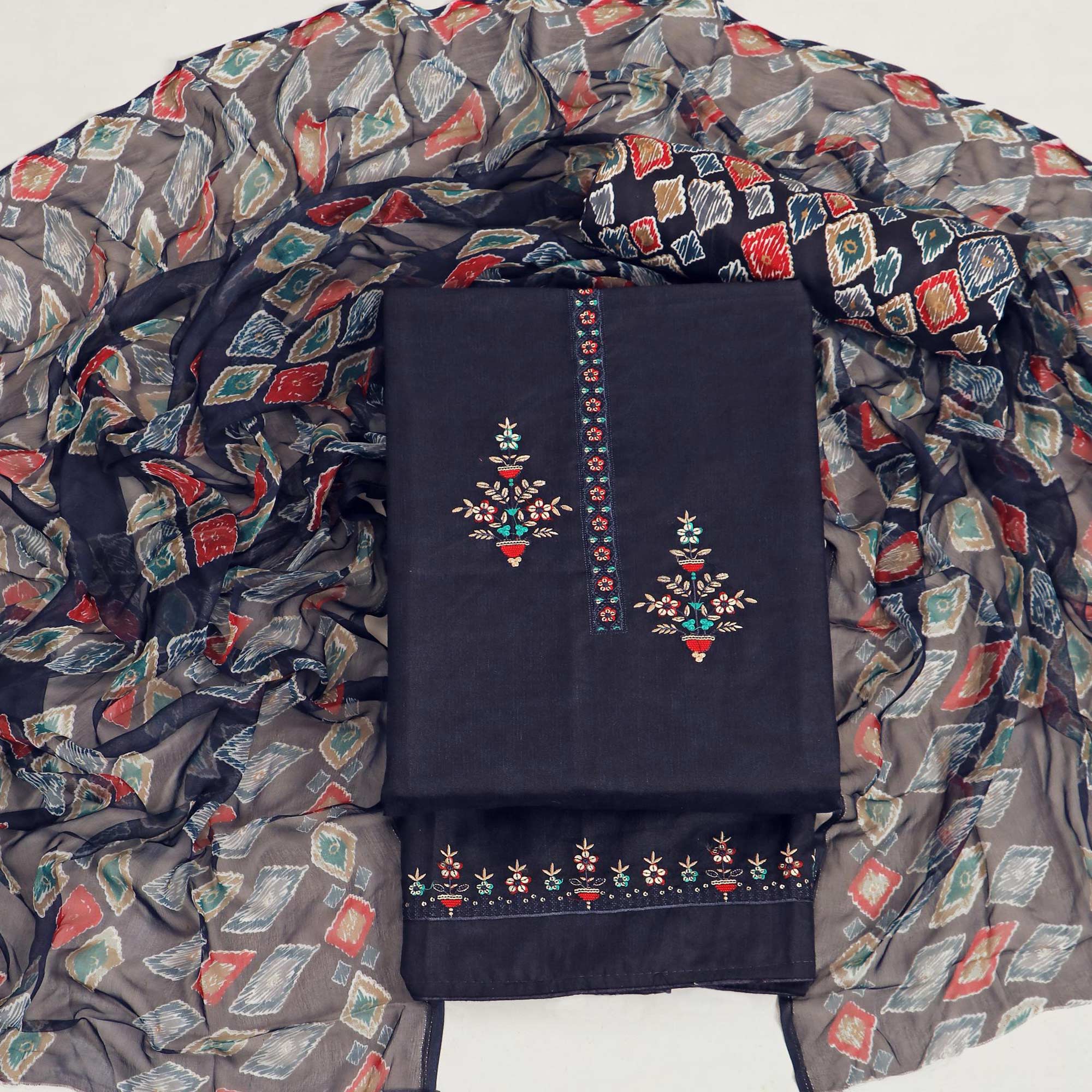 Navy Blue Floral Sequins Embroidered Pure Cotton Dress Material
