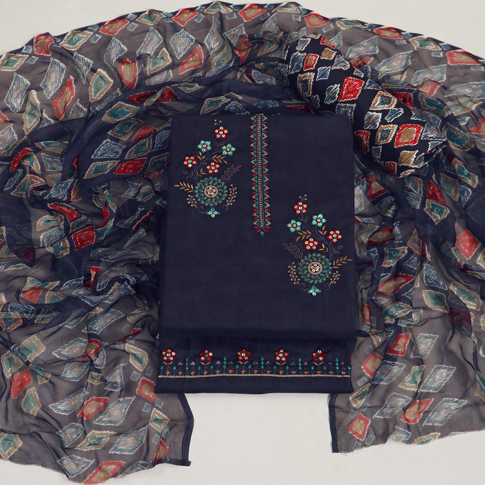 Navy Blue Floral Sequins Embroidered Pure Cotton Dress Material
