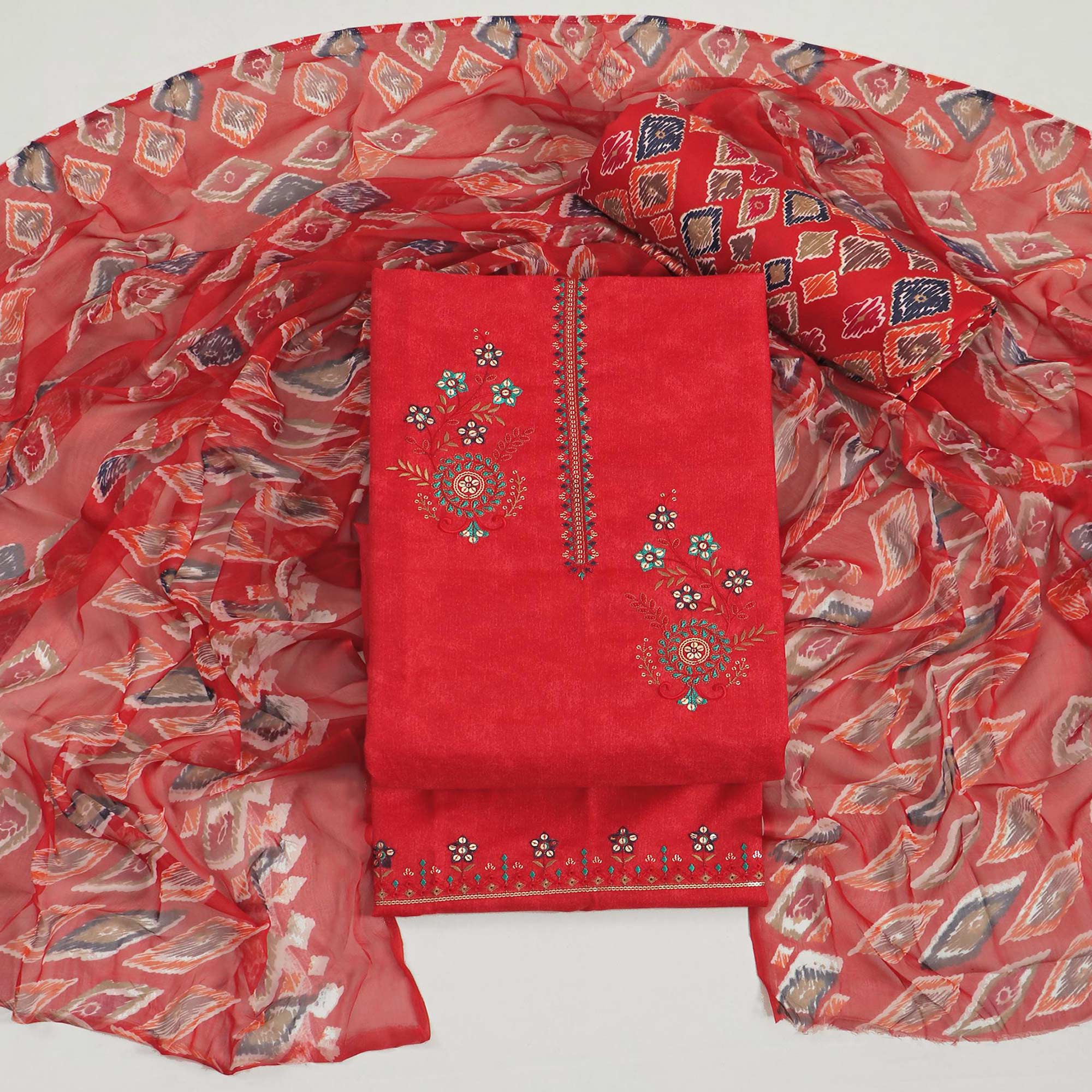 Red Floral Sequins Embroidered Pure Cotton Dress Material