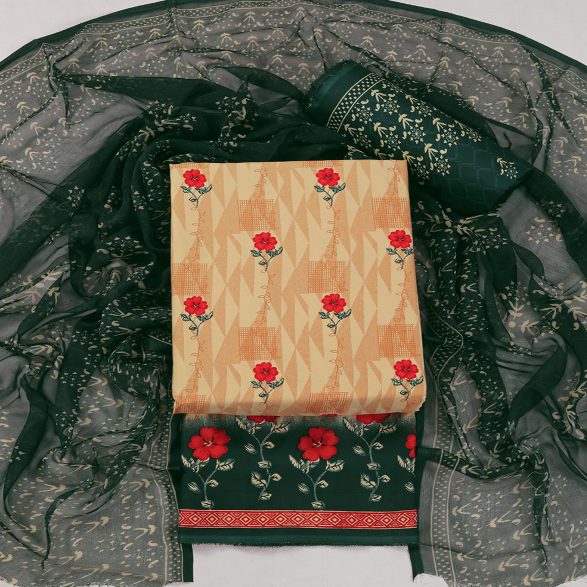 Cream Floral Printed Crepe Dress Material
