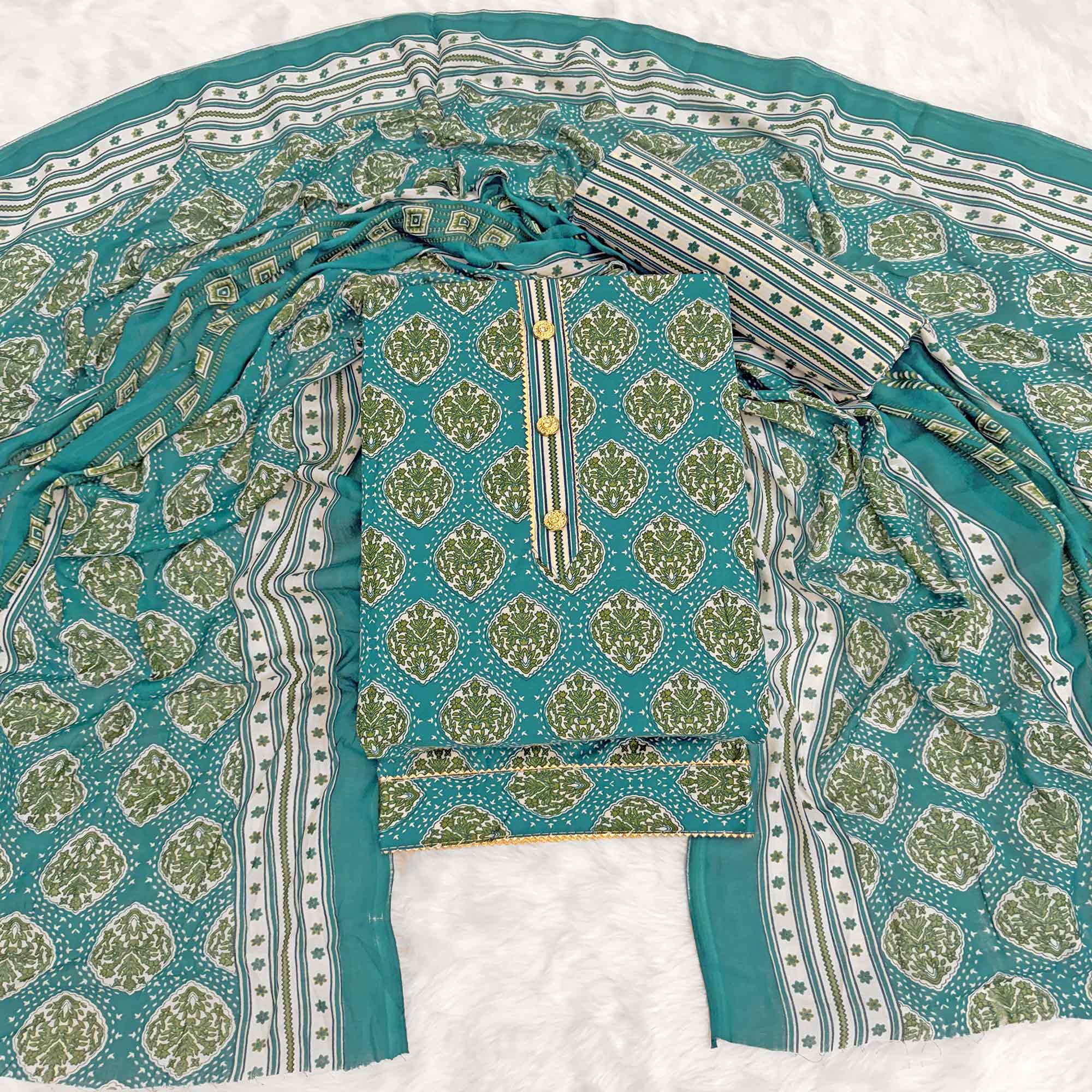Rama Green Lightweight Pure Cotton Dress Fabric Featuring Delicate Floral Prints