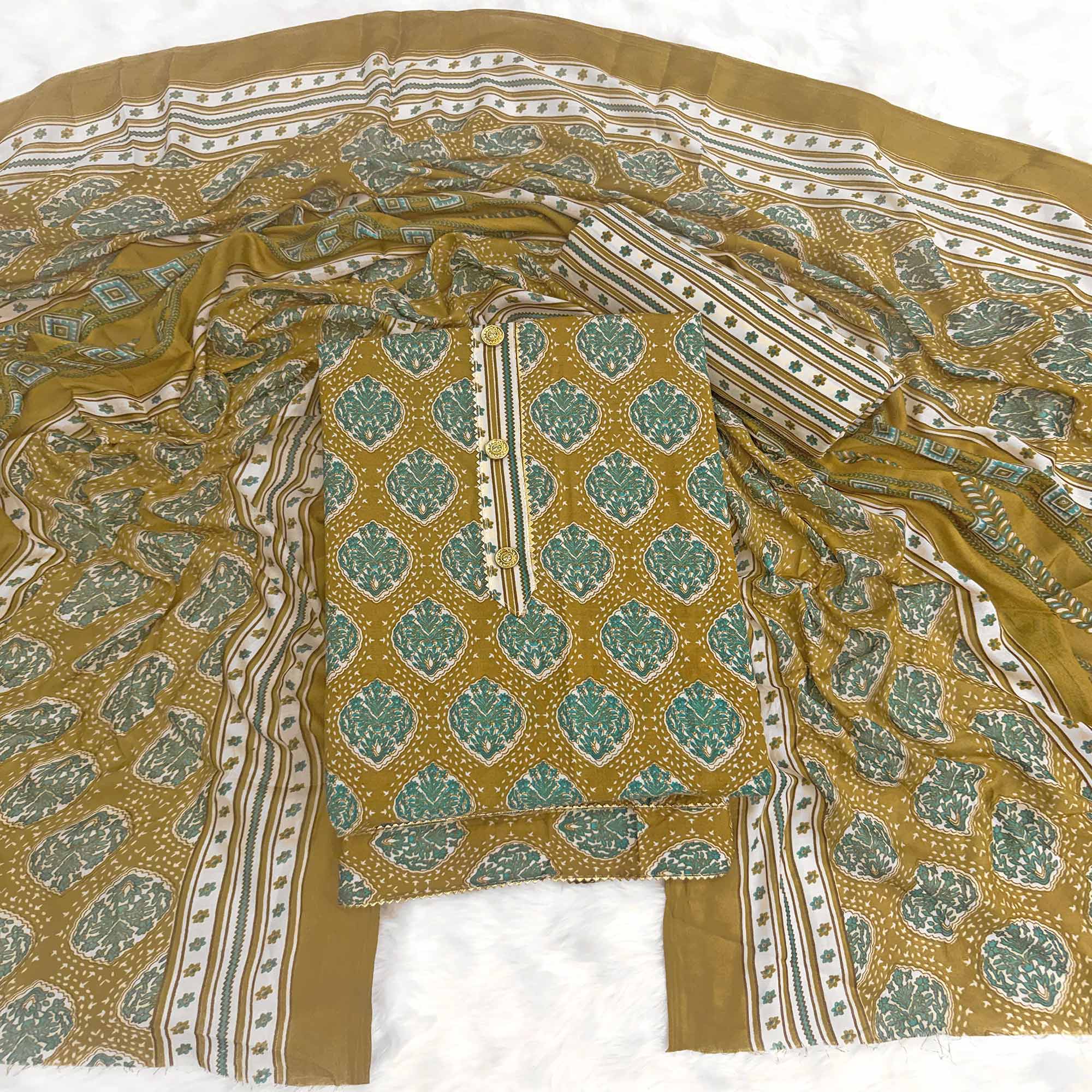 Mustard Lightweight Pure Cotton Dress Fabric Featuring Delicate Floral Prints