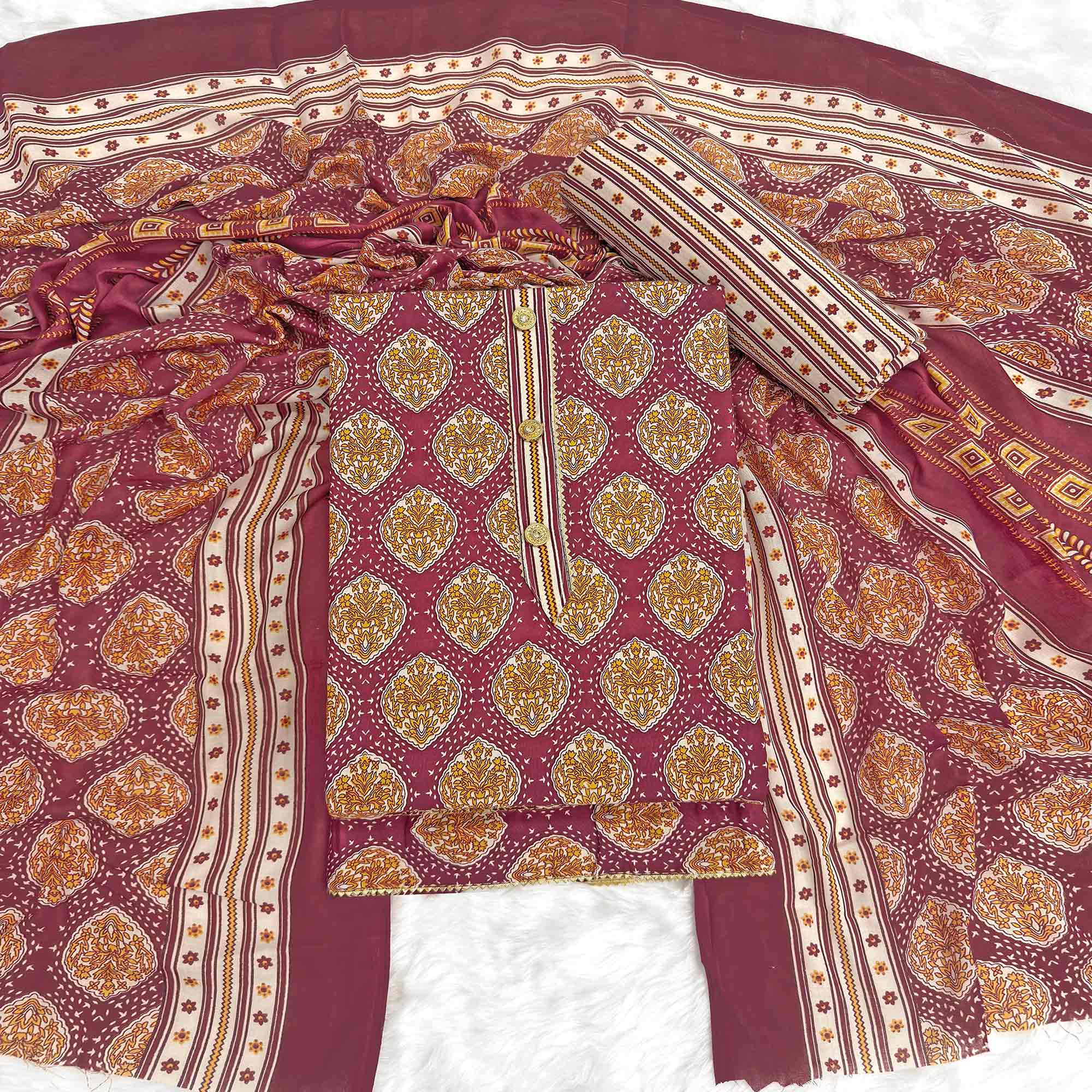 Maroon Lightweight Pure Cotton Dress Fabric Featuring Delicate Floral Prints