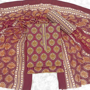 Maroon Lightweight Pure Cotton Dress Fabric Featuring Delicate Floral Prints