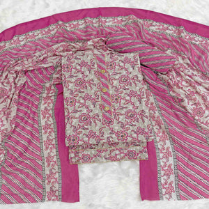 Charming Magenta Floral Printed Cotton Blend Dress Material Featuring Intricate Lace Border