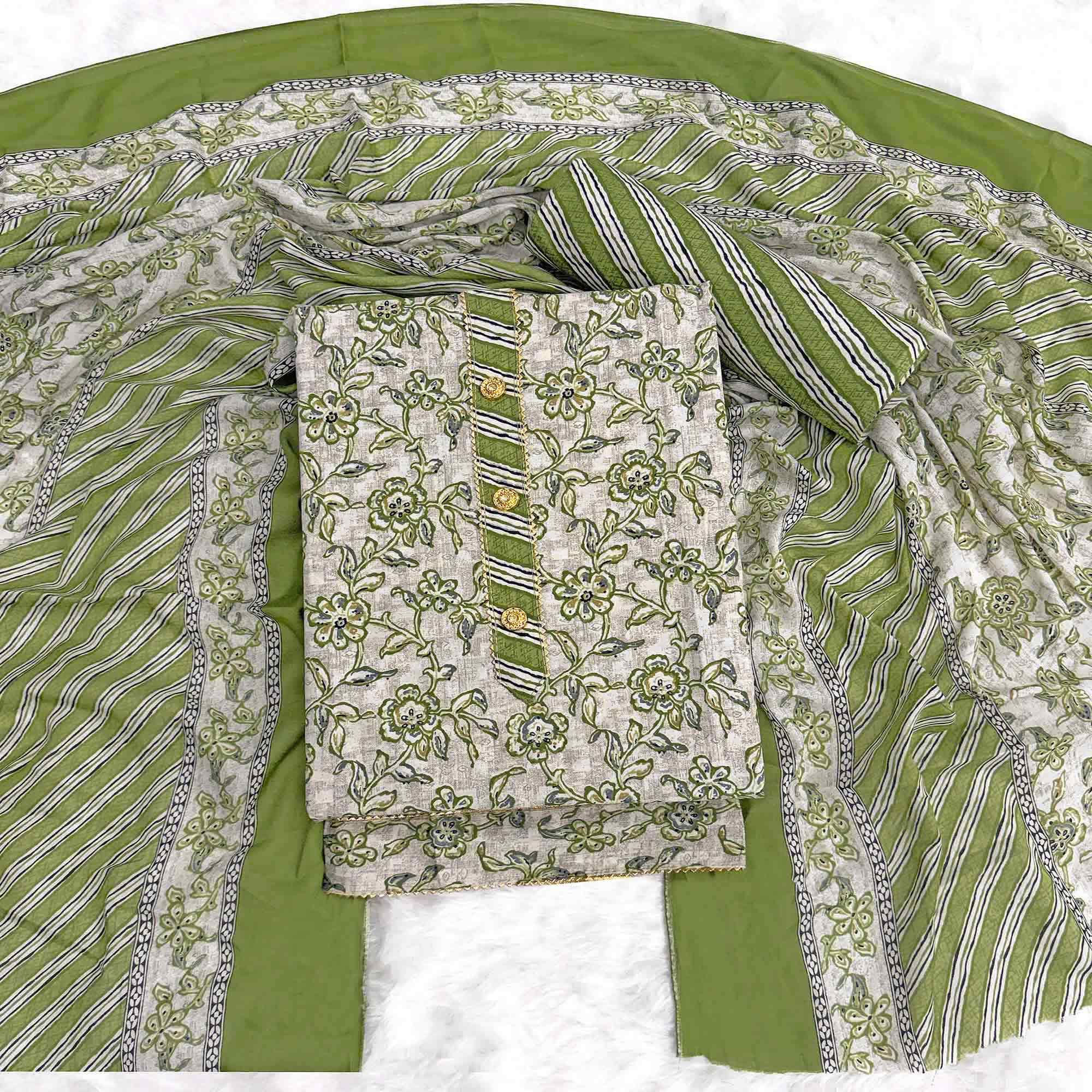 Charming Green Floral Printed Cotton Blend Dress Material Featuring Intricate Lace Border