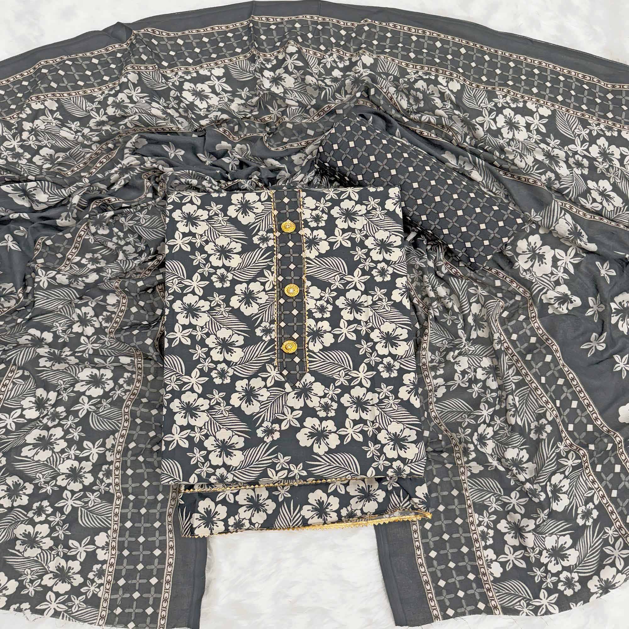 Graceful Grey Floral Printed Cotton Blend Dress Material With Lace Border