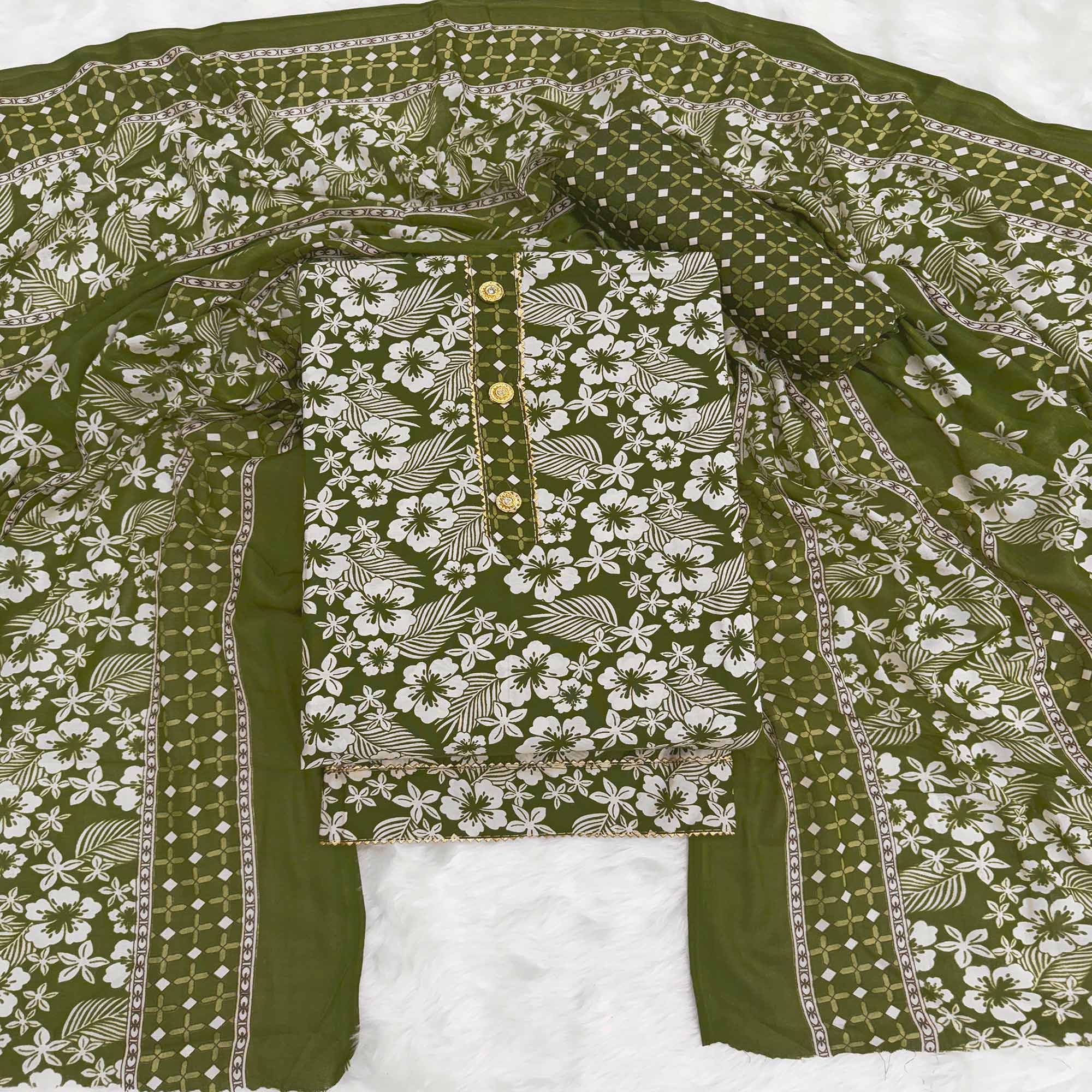 Graceful Green Floral Printed Cotton Blend Dress Material With Lace Border