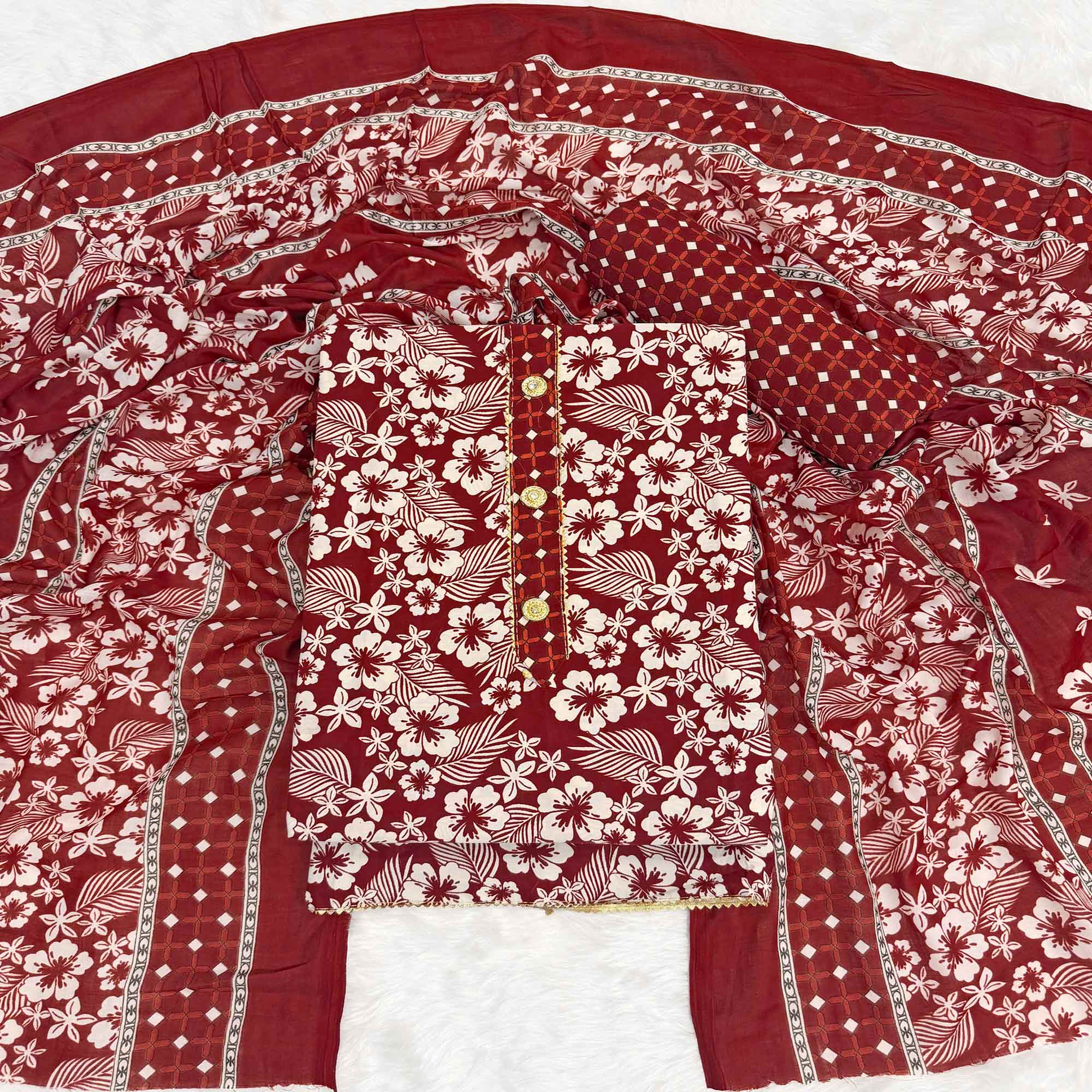 Graceful Maroon Floral Printed Cotton Blend Dress Material With Lace Border
