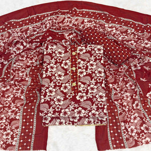 Graceful Maroon Floral Printed Cotton Blend Dress Material With Lace Border