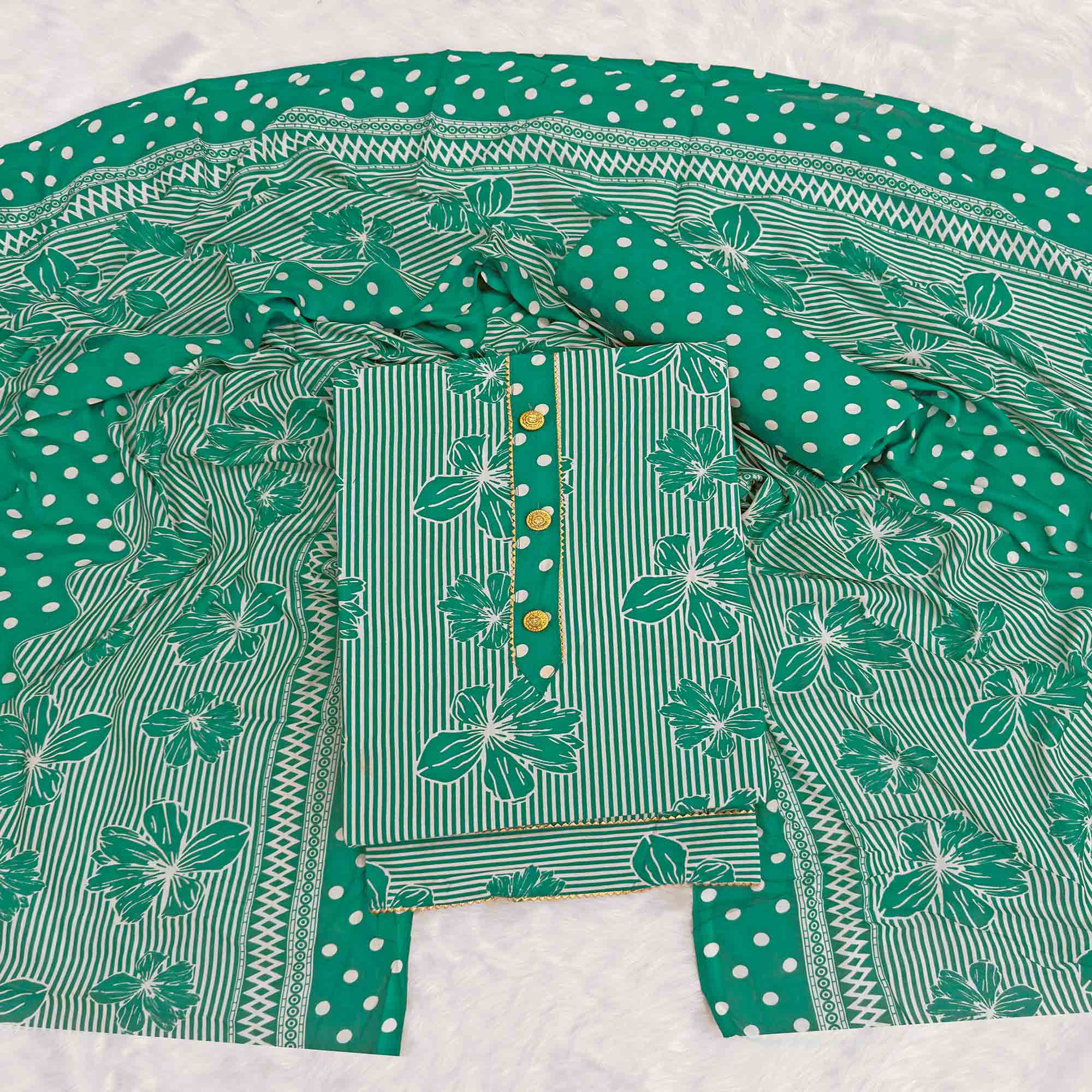 Rama Green Floral & Striped Printed Cotton Blend Dress Material With Elegant Lace Border