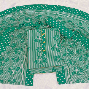 Rama Green Floral & Striped Printed Cotton Blend Dress Material With Elegant Lace Border