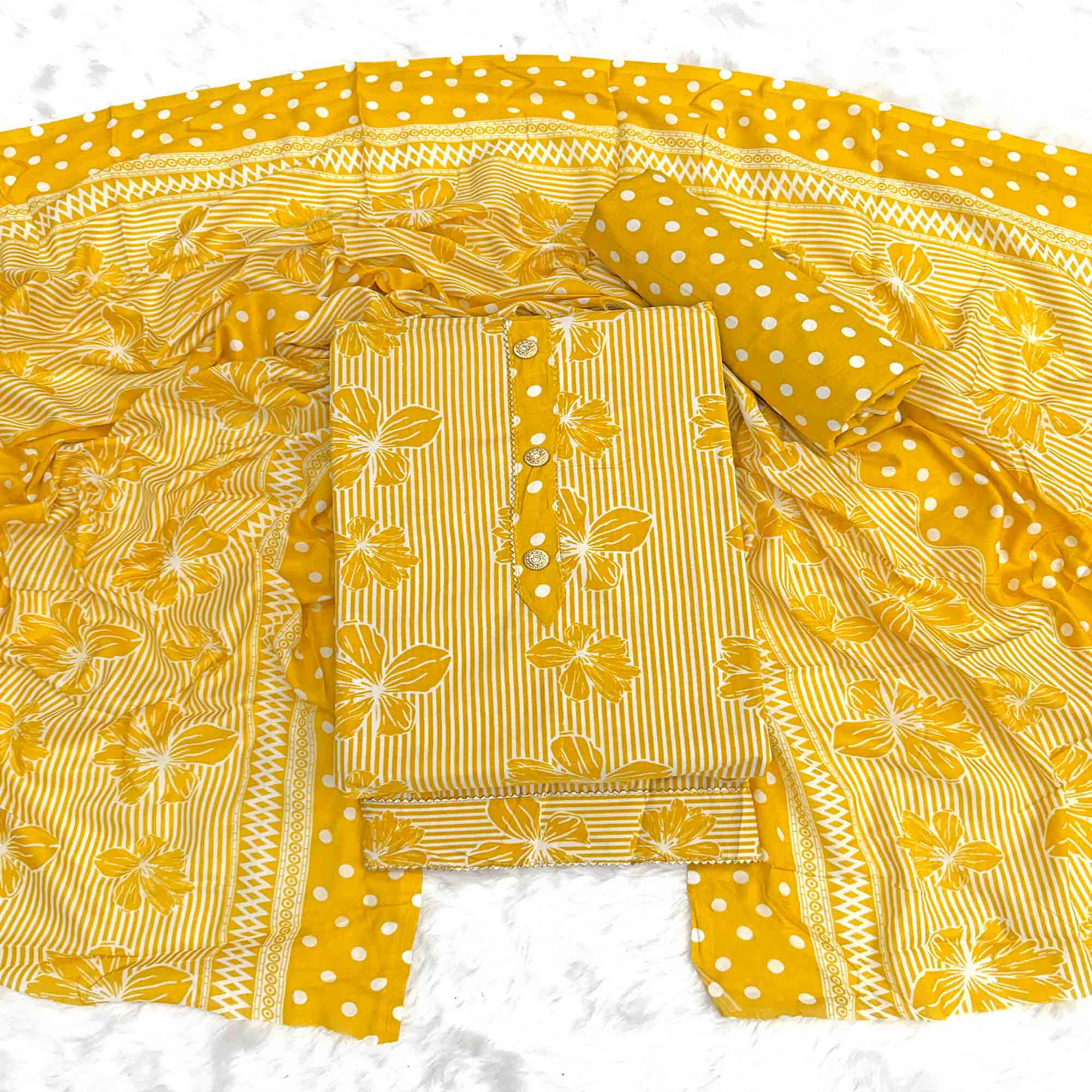 Mustard Floral & Striped Printed Cotton Blend Dress Material With Elegant Lace Border