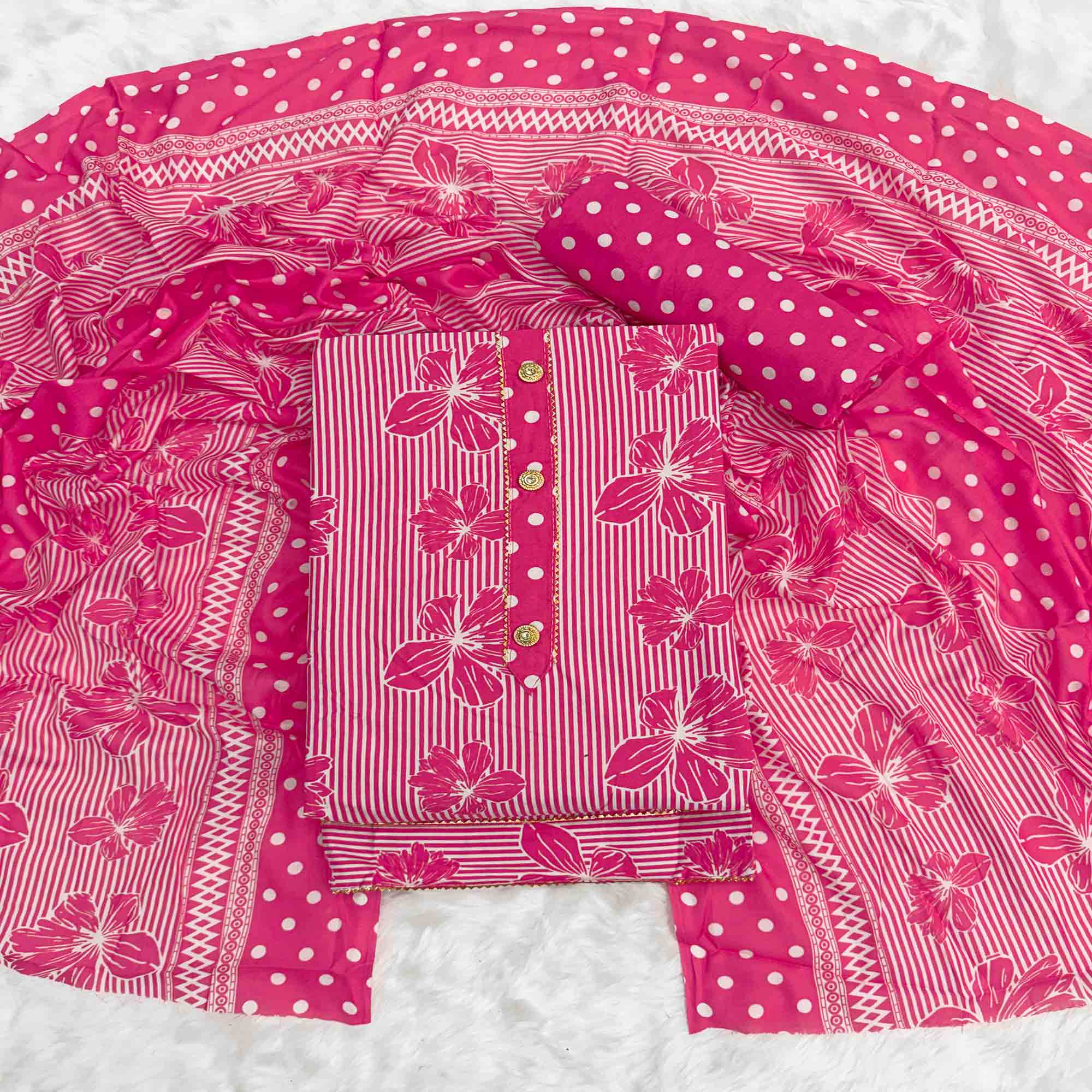 Rani Pink Floral & Striped Printed Cotton Blend Dress Material With Elegant Lace Border