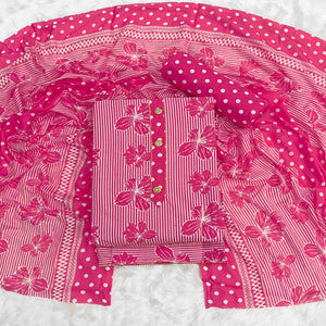 Rani Pink Floral & Striped Printed Cotton Blend Dress Material With Elegant Lace Border