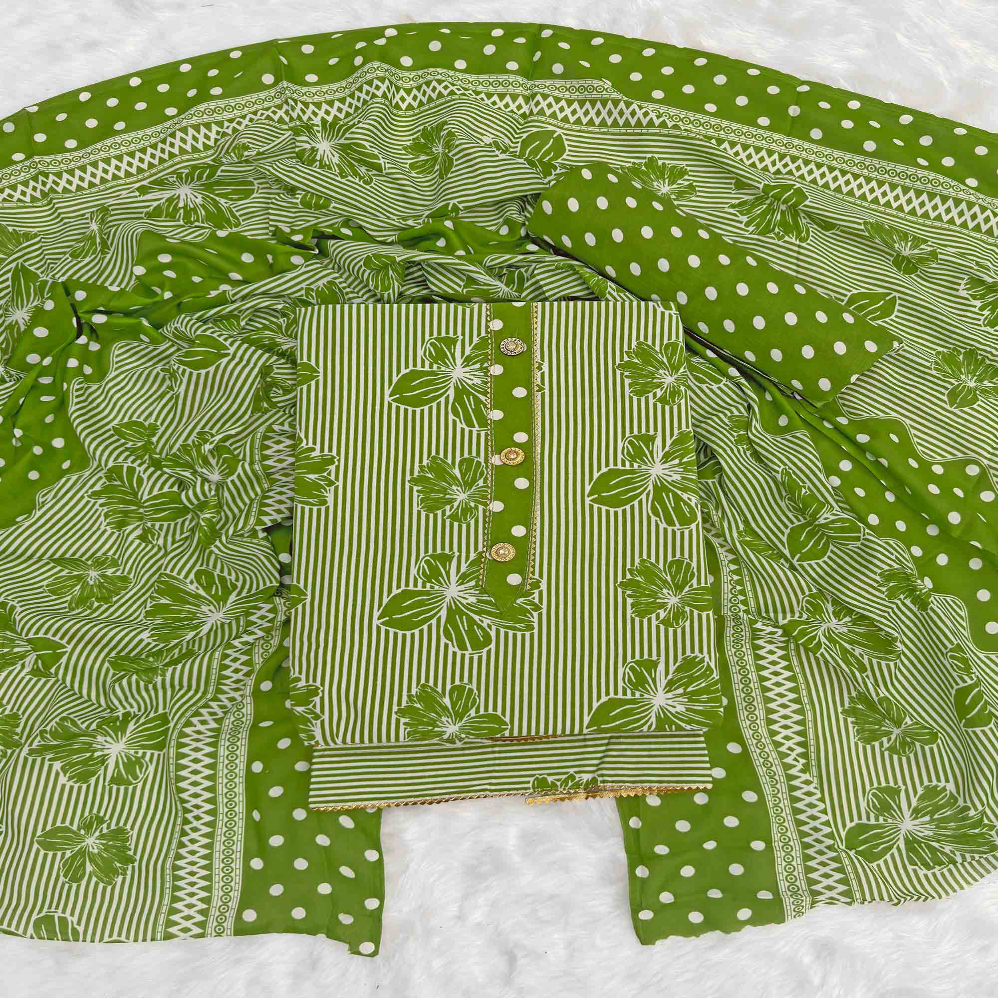 Green Floral & Striped Printed Cotton Blend Dress Material With Elegant Lace Border