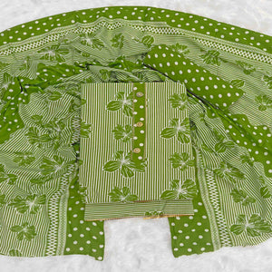 Green Floral & Striped Printed Cotton Blend Dress Material With Elegant Lace Border