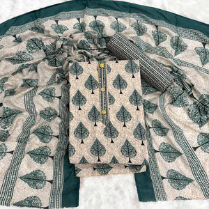 Vibrant Teal Green Leaf Printed Cotton Blend Dress Material Refined With Lace Border