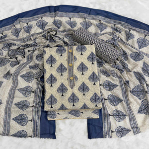 Vibrant Blue Leaf Printed Cotton Blend Dress Material Refined With Lace Border