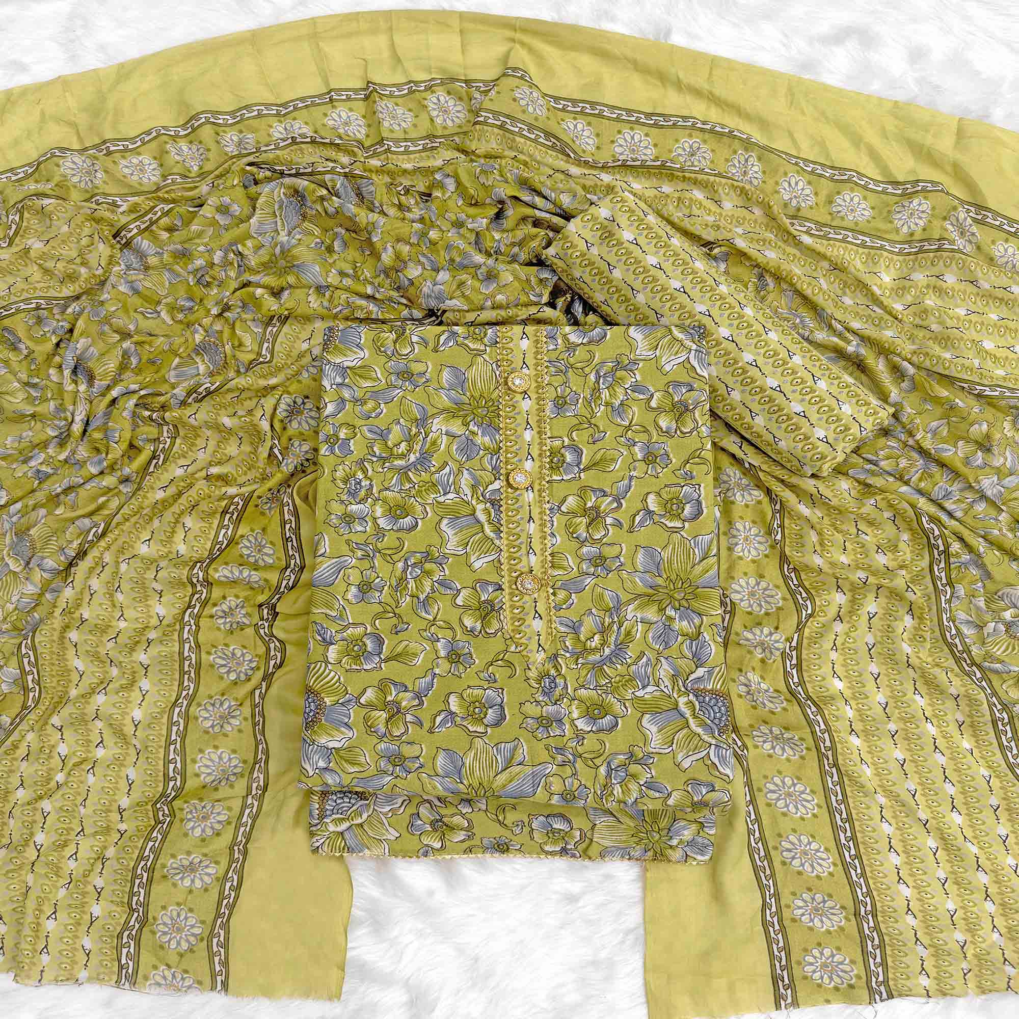 Elegant Olive Green Floral Printed Cotton Blend Dress Material Adorned With Intricate Lace Border