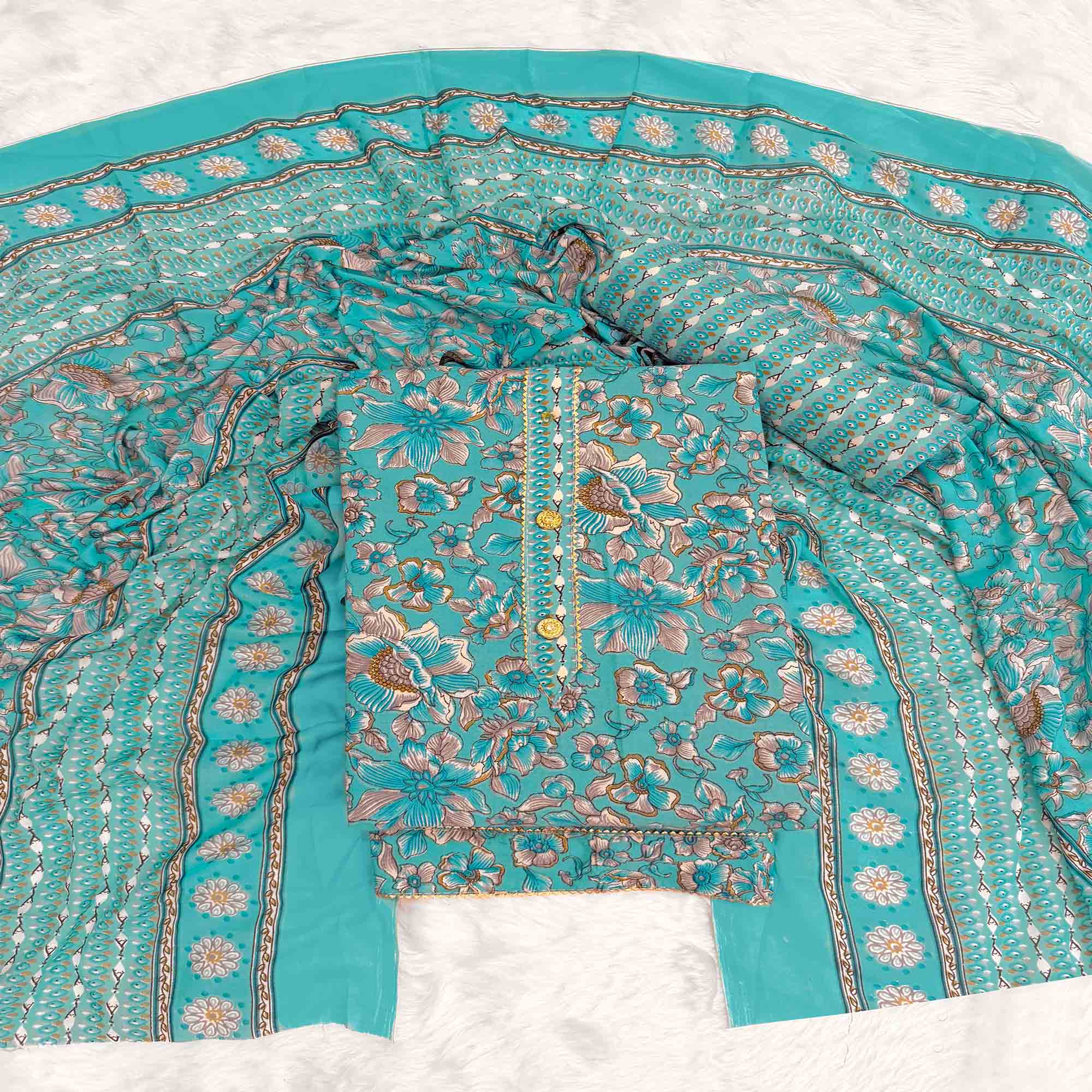 Elegant Turquoise Floral Printed Cotton Blend Dress Material Adorned With Intricate Lace Border