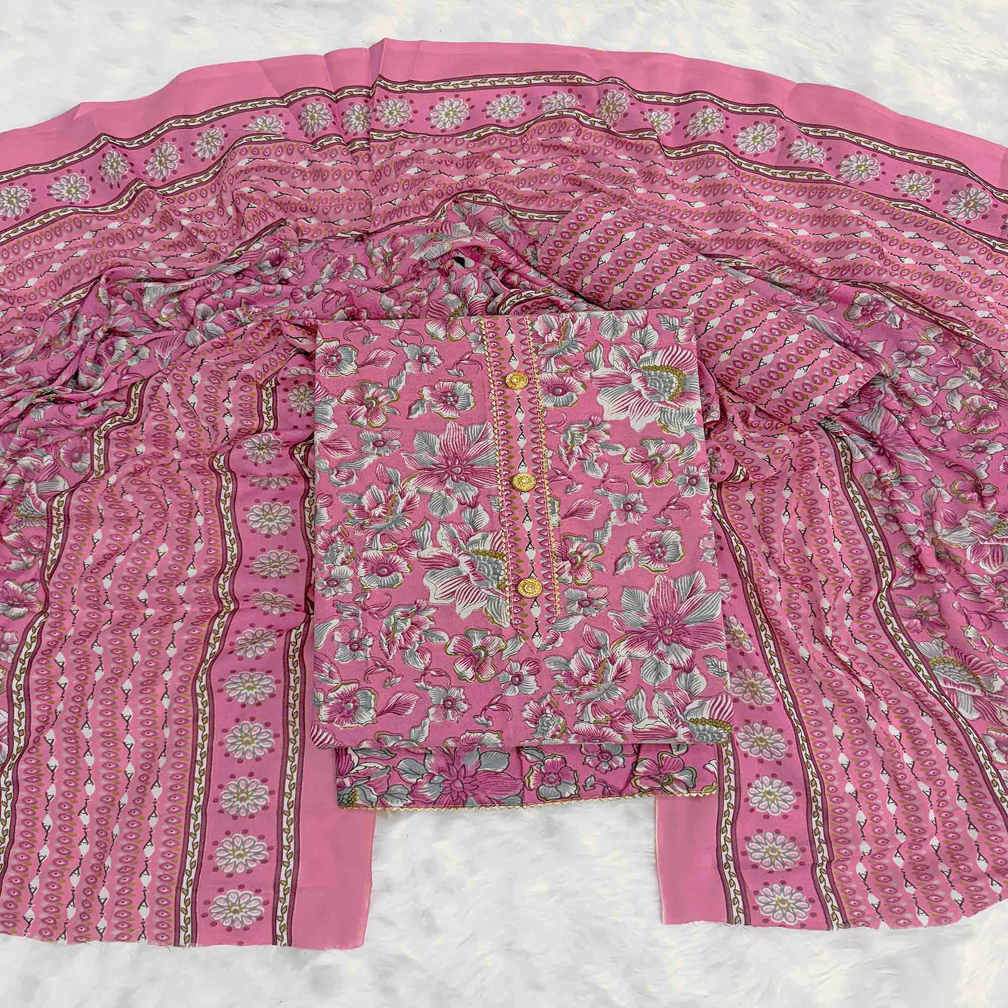 Elegant Pink Floral Printed Cotton Blend Dress Material Adorned With Intricate Lace Border