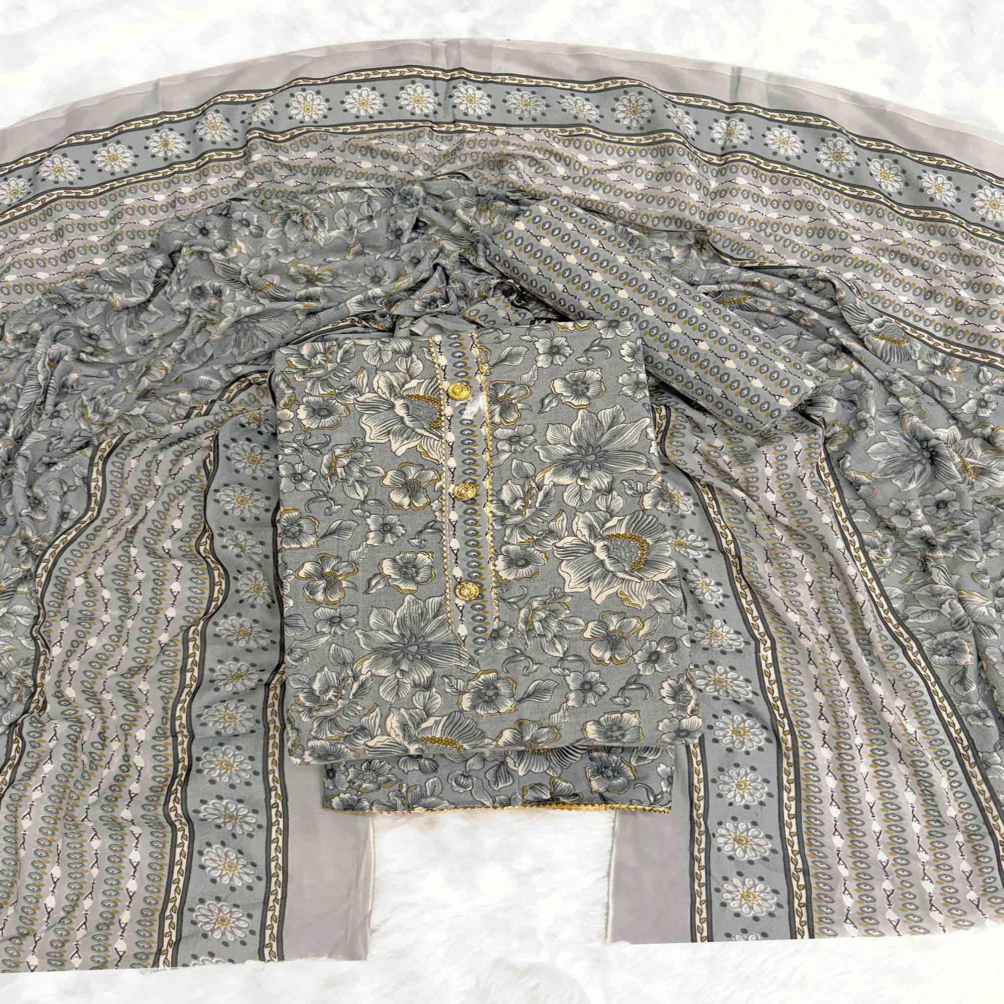 Elegant Grey Floral Printed Cotton Blend Dress Material Adorned With Intricate Lace Border