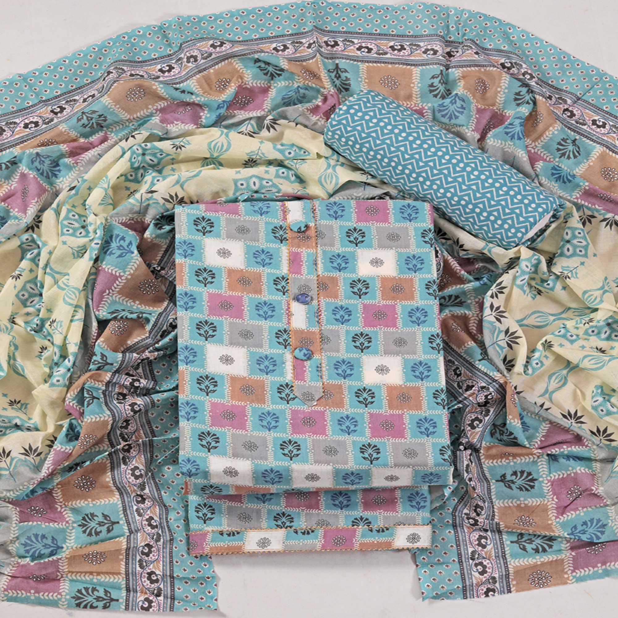 Blue Floral Printed With Gota Patti Work Pure Cotton Dress Material