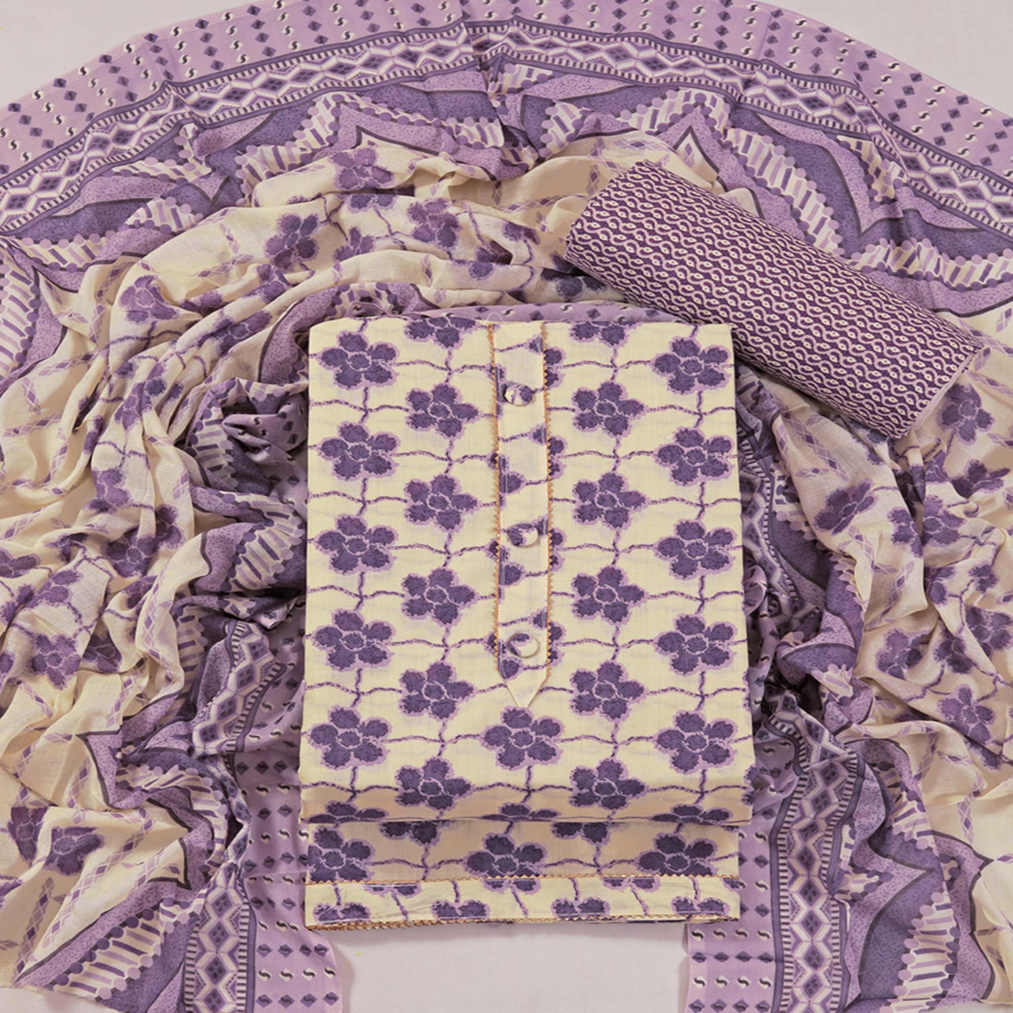 Lavender Floral Printed With Gota Patti Work Pure Cotton Dress Material