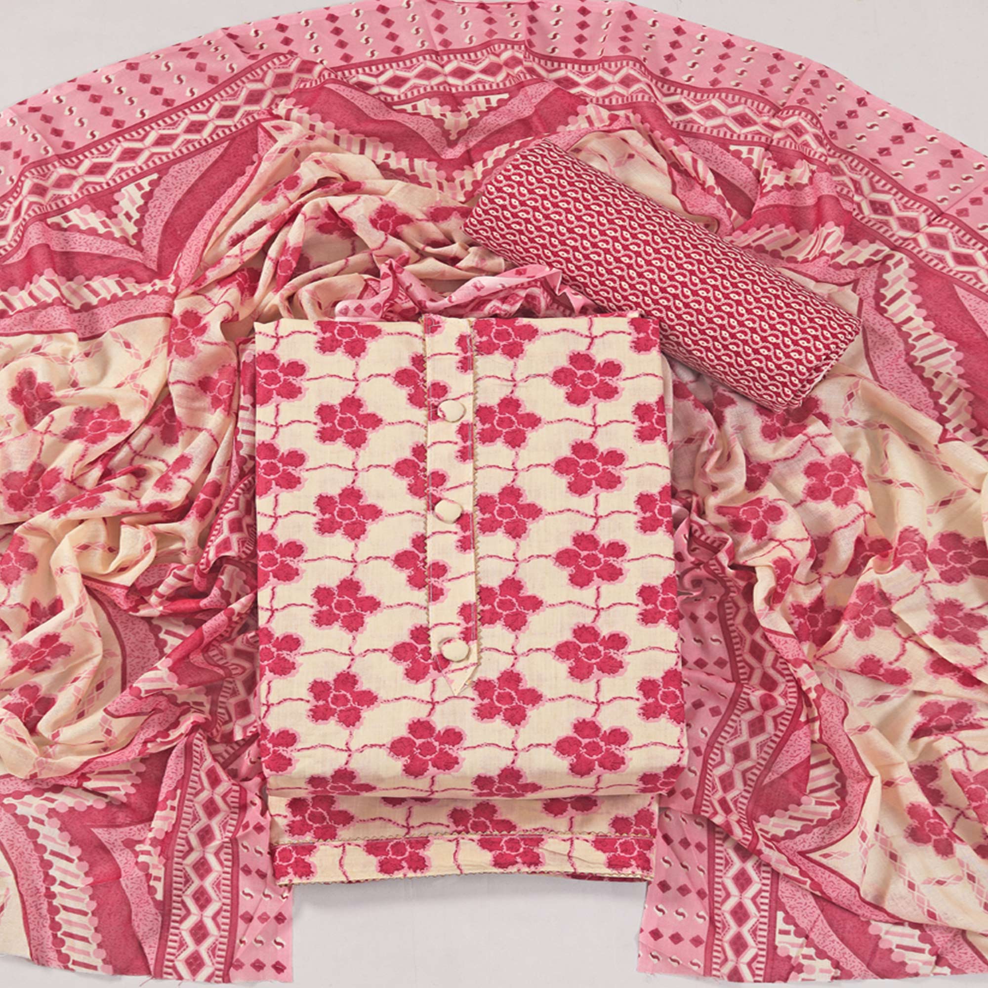 Pink Floral Printed With Gota Patti Work Pure Cotton Dress Material