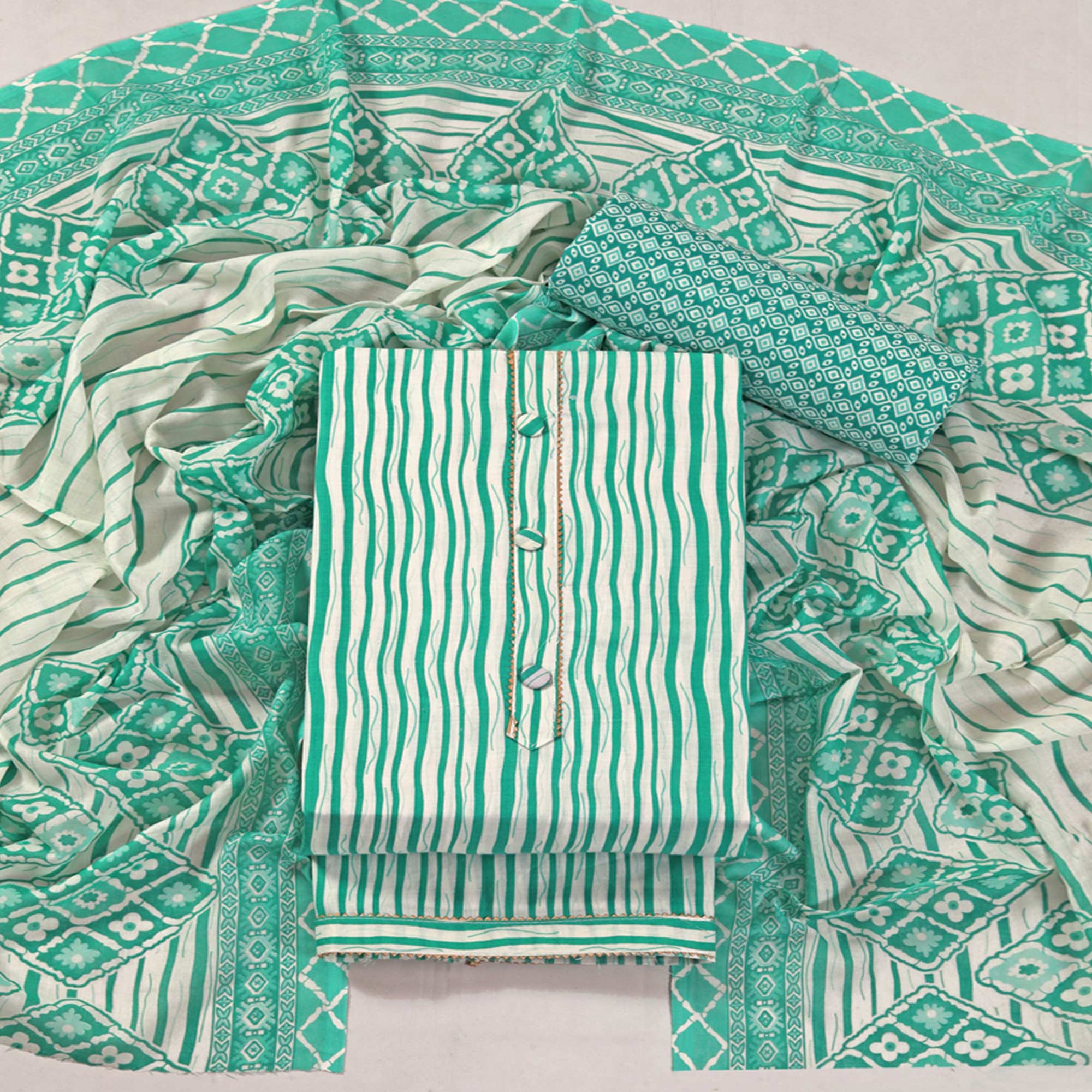 Turquoise Leheriya Printed With Gota Patti  Work Pure Cotton Dress Material