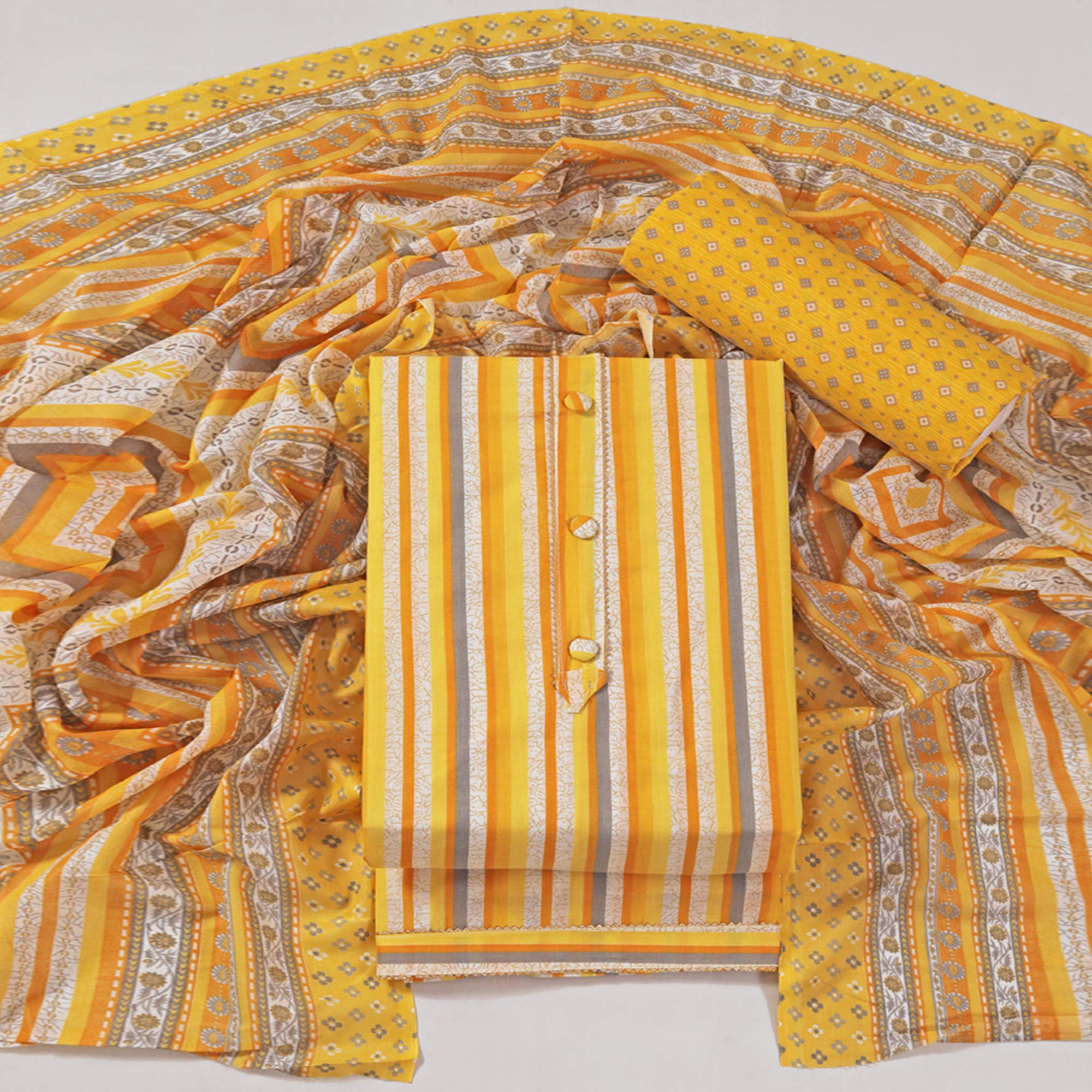 Yellow Striped Printed With Gota Patti Work Pure Cotton Dress Material