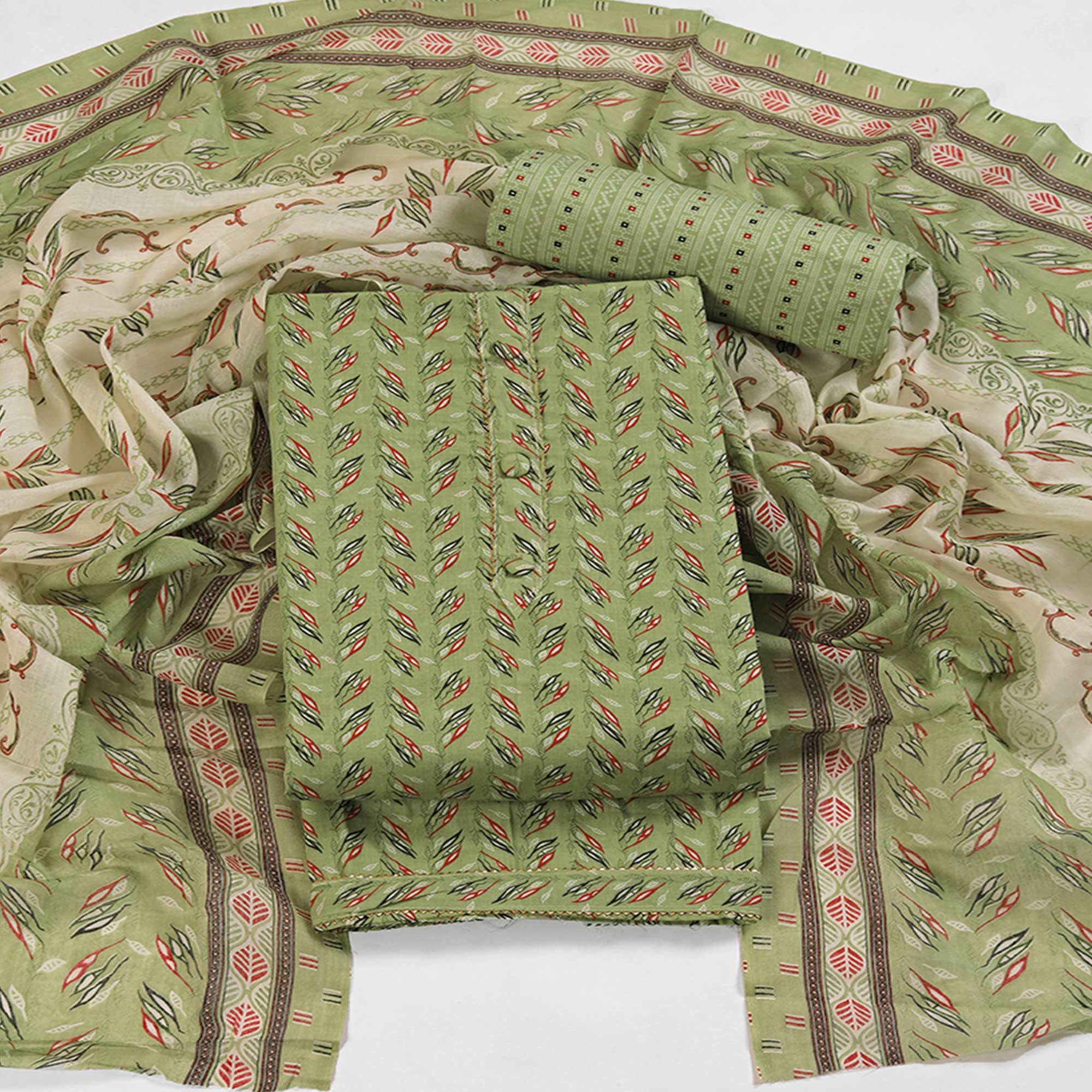 Fresh Green Dress Material in Pure Cotton with Subtle Leaf Print Accents