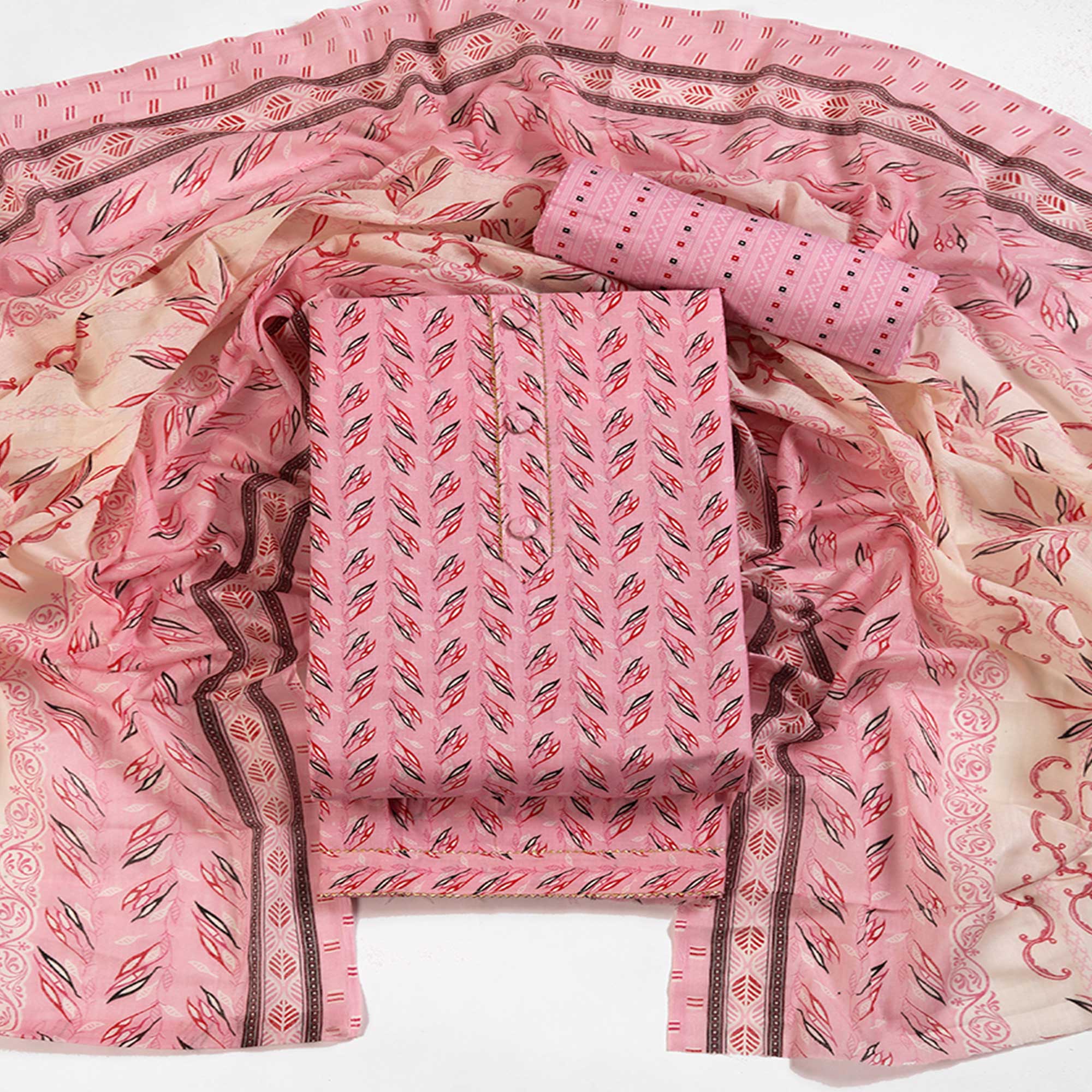 Fresh Pink Dress Material in Pure Cotton with Subtle Leaf Print Accents