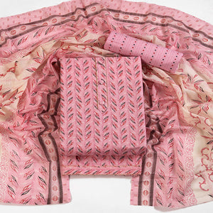 Fresh Pink Dress Material in Pure Cotton with Subtle Leaf Print Accents