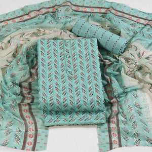 Fresh Sea Green Dress Material in Pure Cotton with Subtle Leaf Print Accents