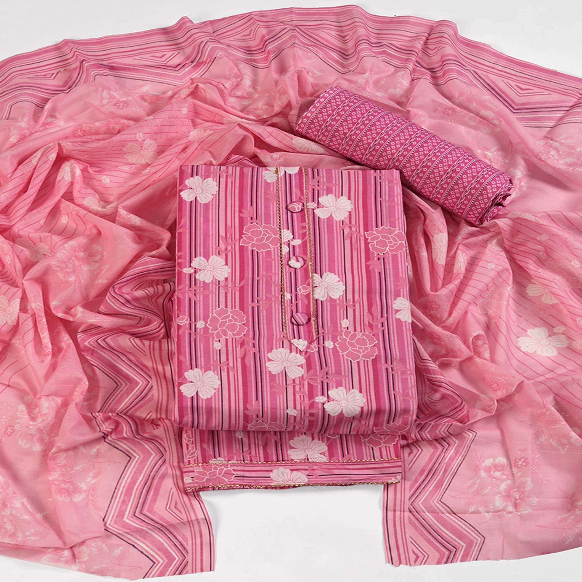 Elegant Pink Pure Cotton Ensemble Showcasing Subtle Floral Print Work Dress Material