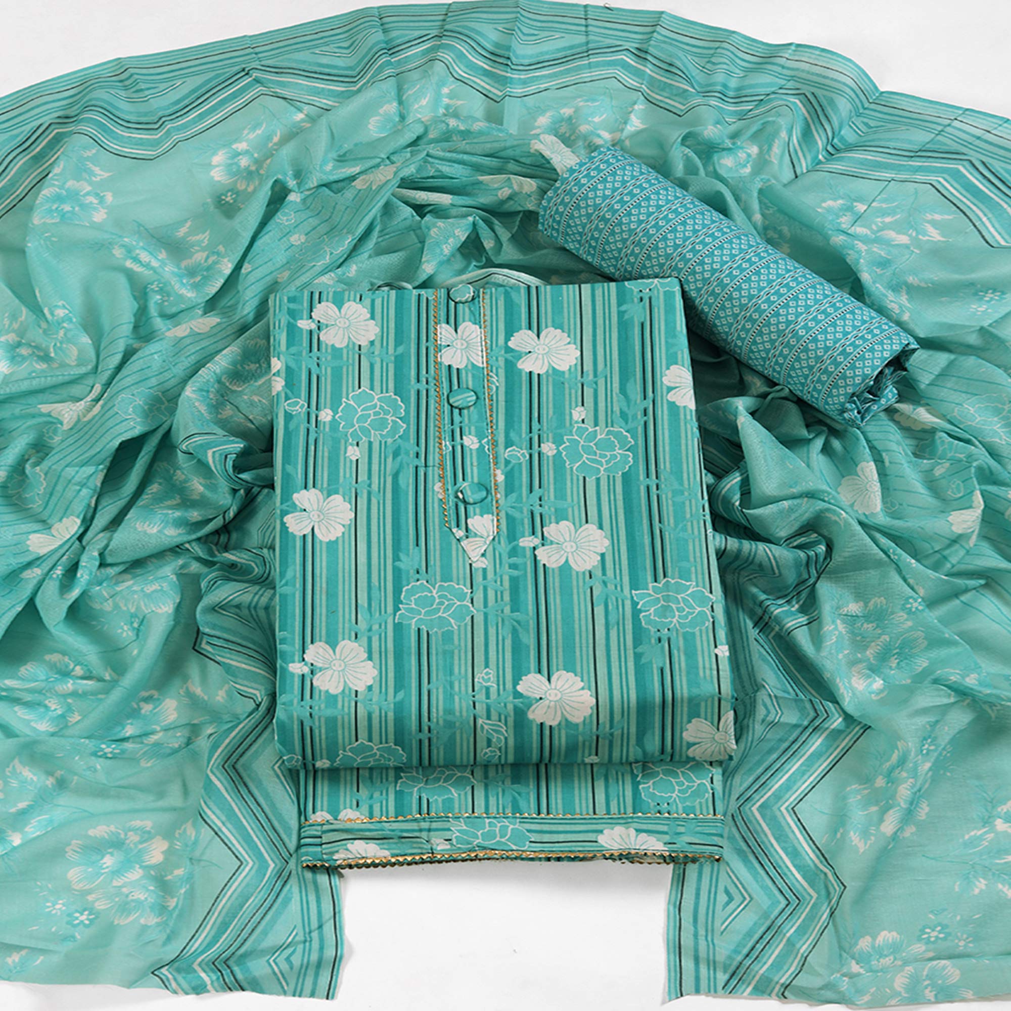 Elegant Sea Green Pure Cotton Ensemble Showcasing Subtle Floral Print Work Dress Material
