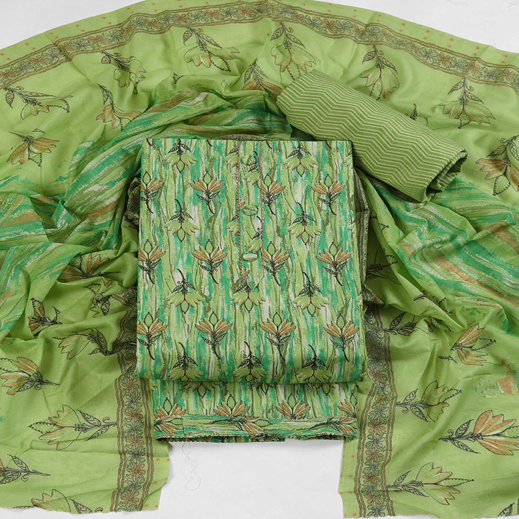 Green Pure Cotton Ensemble with All-Over Floral Motif Designs Dress Material