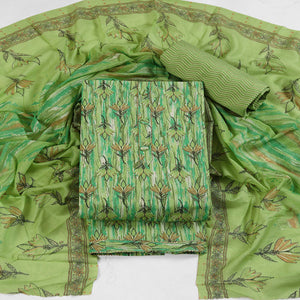 Green Pure Cotton Ensemble with All-Over Floral Motif Designs Dress Material