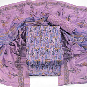 Lavender Pure Cotton Ensemble with All-Over Floral Motif Designs Dress Material